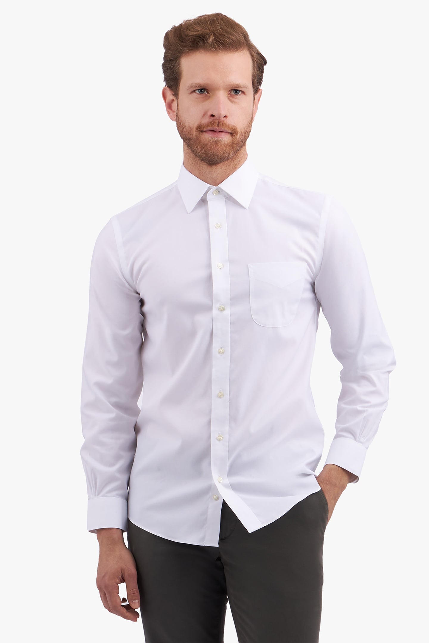 SLIM FIT NON-IRON COTTON SHIRT WITH AINSLEY COLLAR WHITE 1