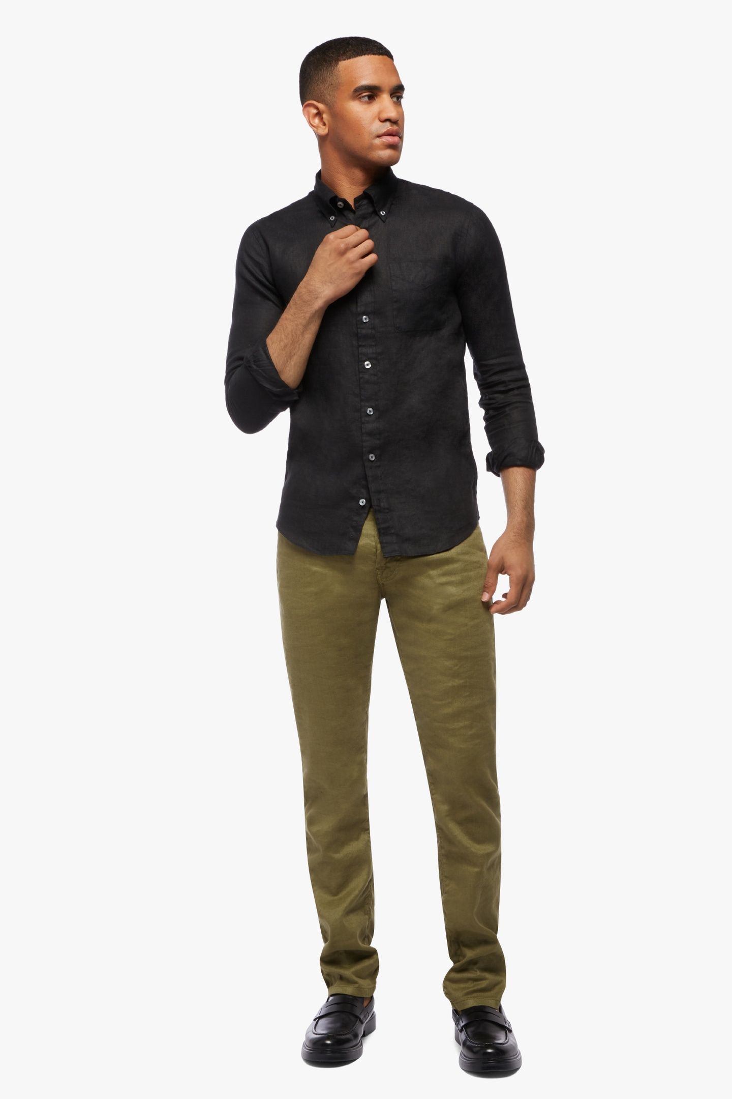 SLIM FIT LINEN SHIRT WITH BUTTON DOWN COLLAR BLACK 2