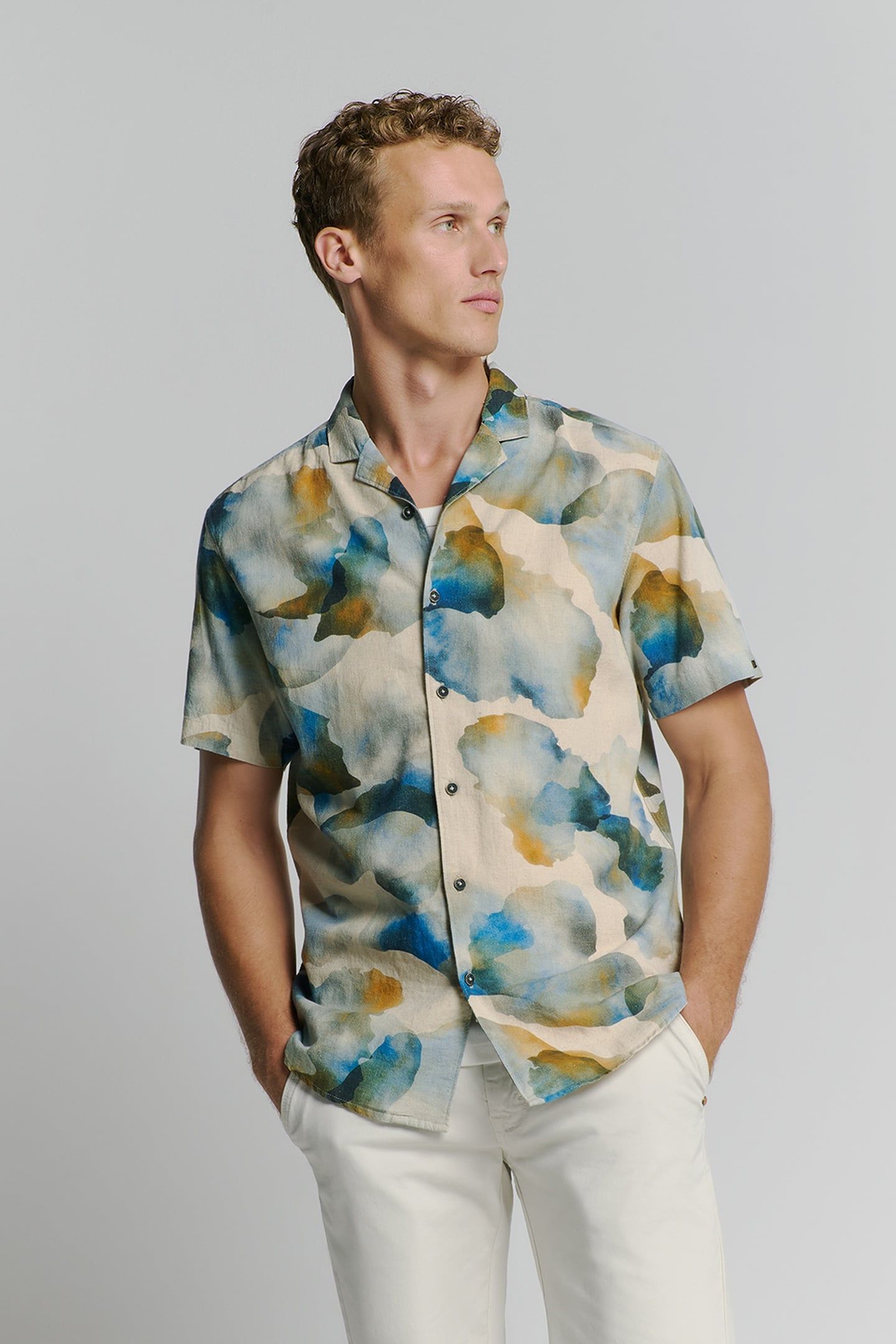 SHIRT SHORT SLEEVE REVERS COLLAR ALLOVER PRINTED WITH LINEN 2