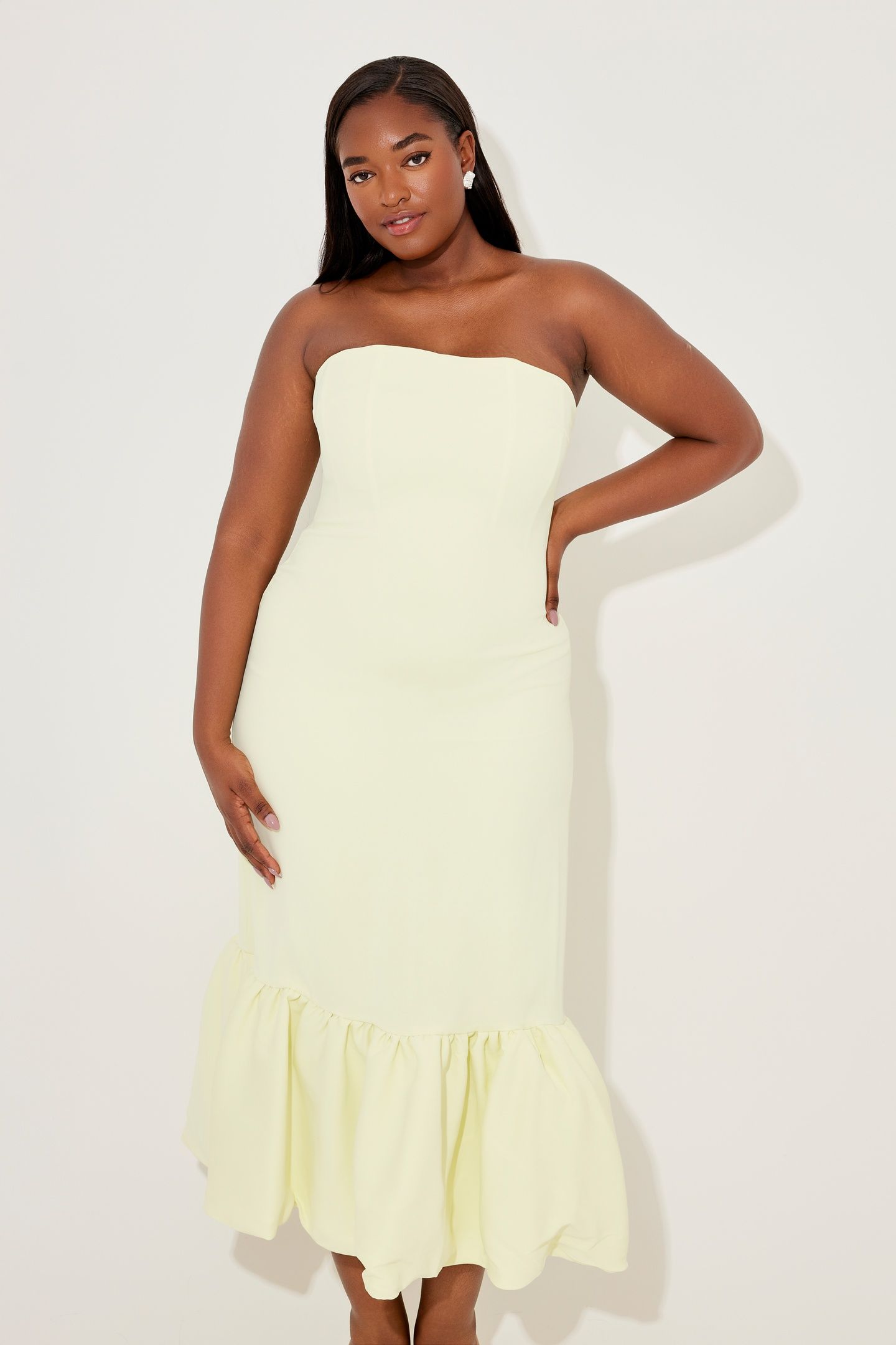 STRAPLESS PEPLUM MIDI DRESS LIME CREAM 1