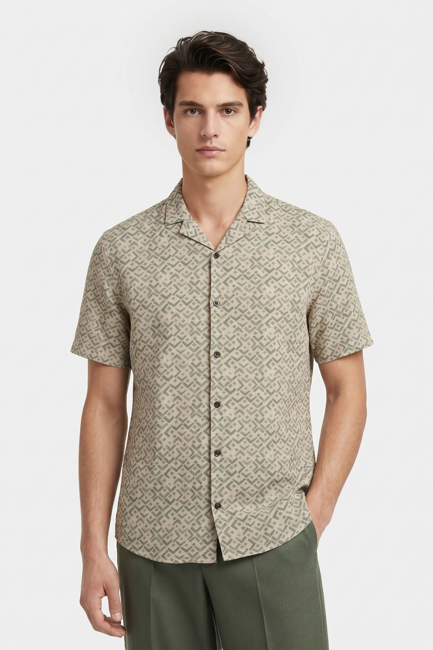SHIRT SHORT SLEEVE REVERS COLLAR SLUB ALLOVER PRINTED GREEN 1