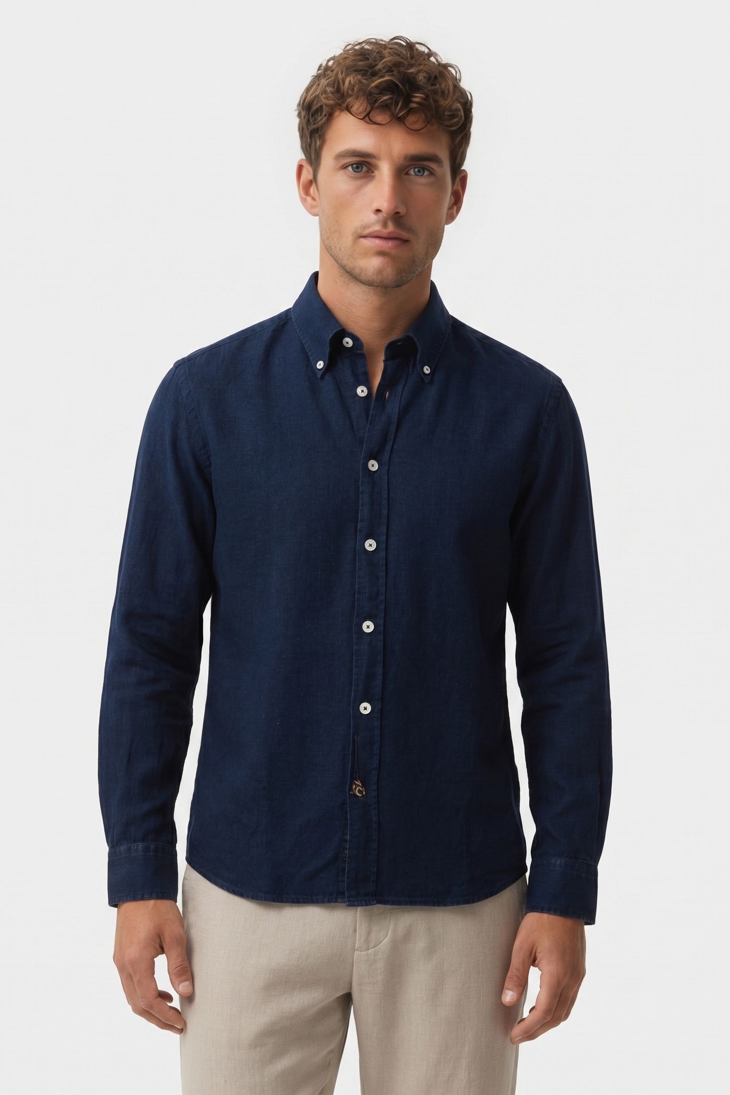 SLIM FIT COTTON-LINEN CHAMBRAY BUTTON DOWN SHIRT BLUE 2