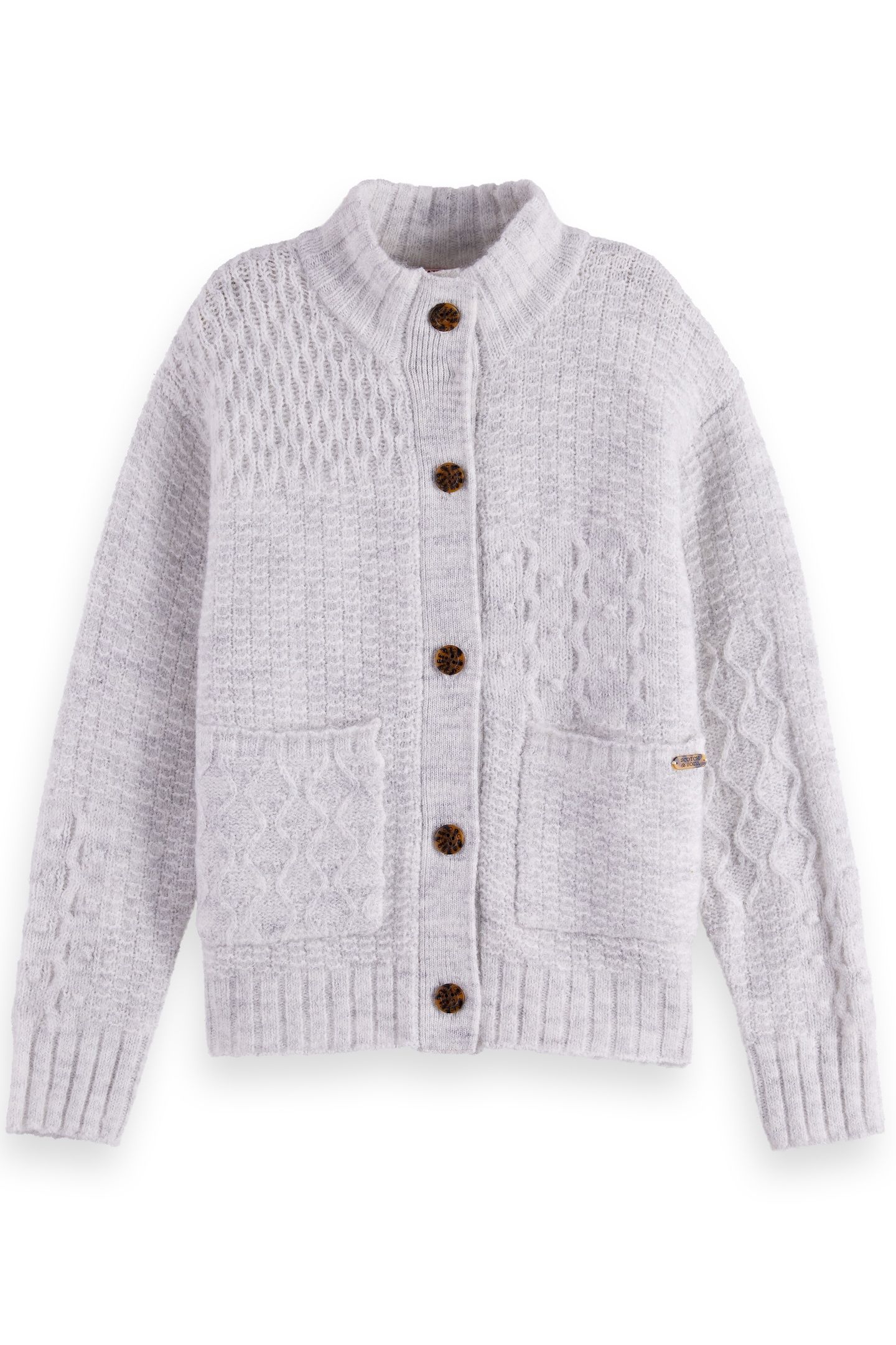 GIRL PATCHWORK MELANGE ALPACA-BLEND CARDIGAN LIGHT GREY MELA 1