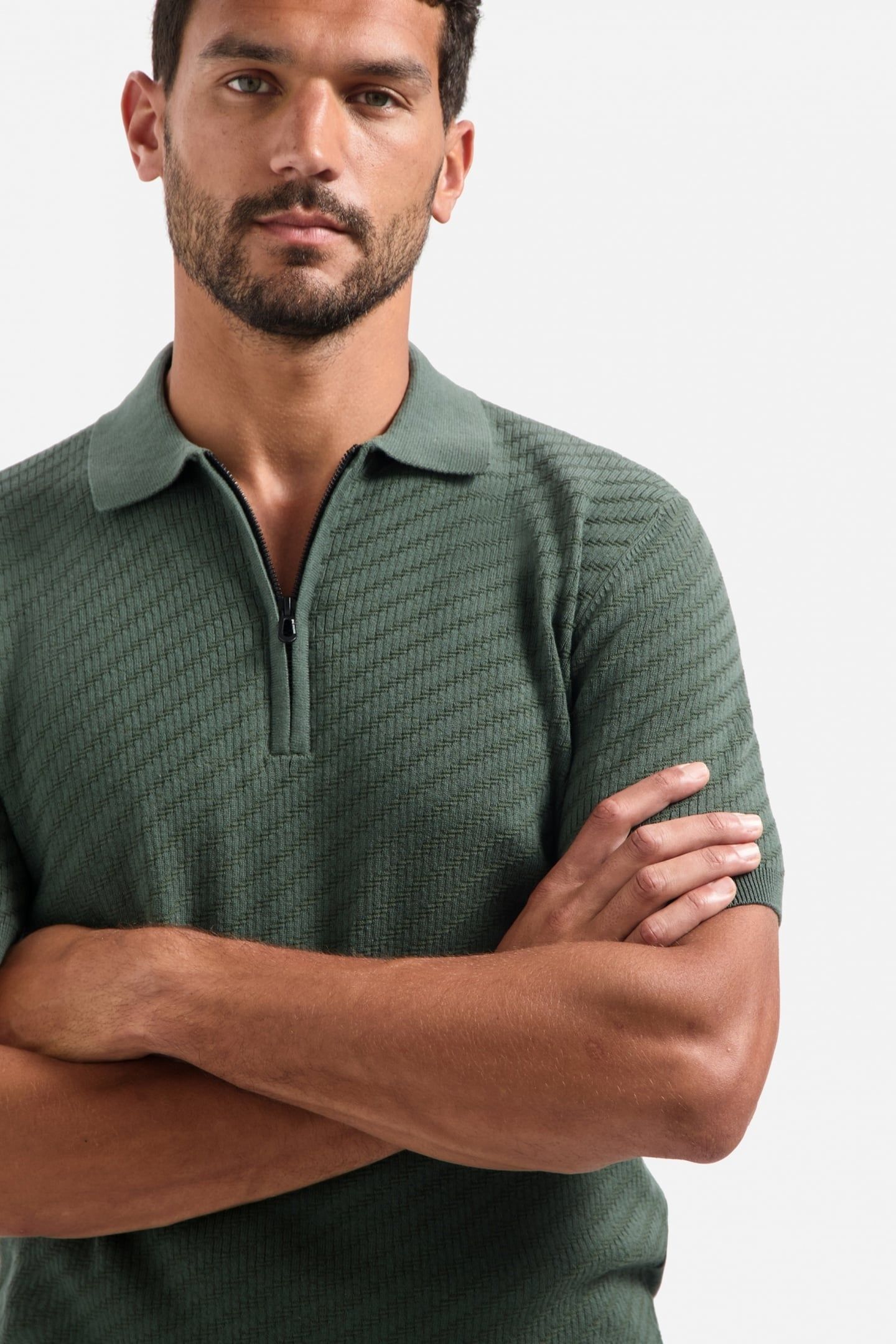 PULLOVER SHORT SLEEVE POLO ZIP SOLID JACQUARD DARK GREEN 2
