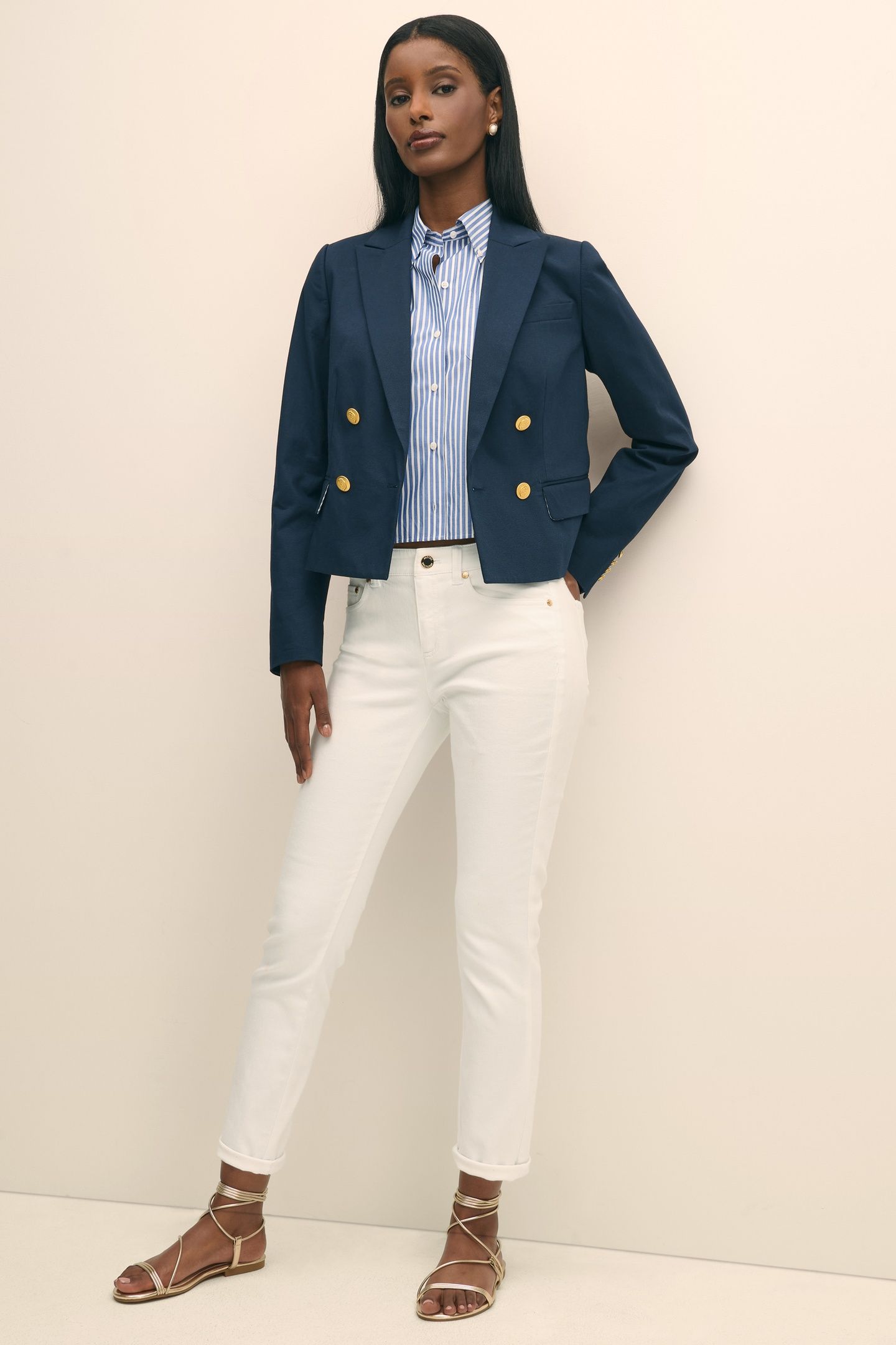 CROPPED DOUBLE-BREASTED FAILLE BLAZER NAVY 2
