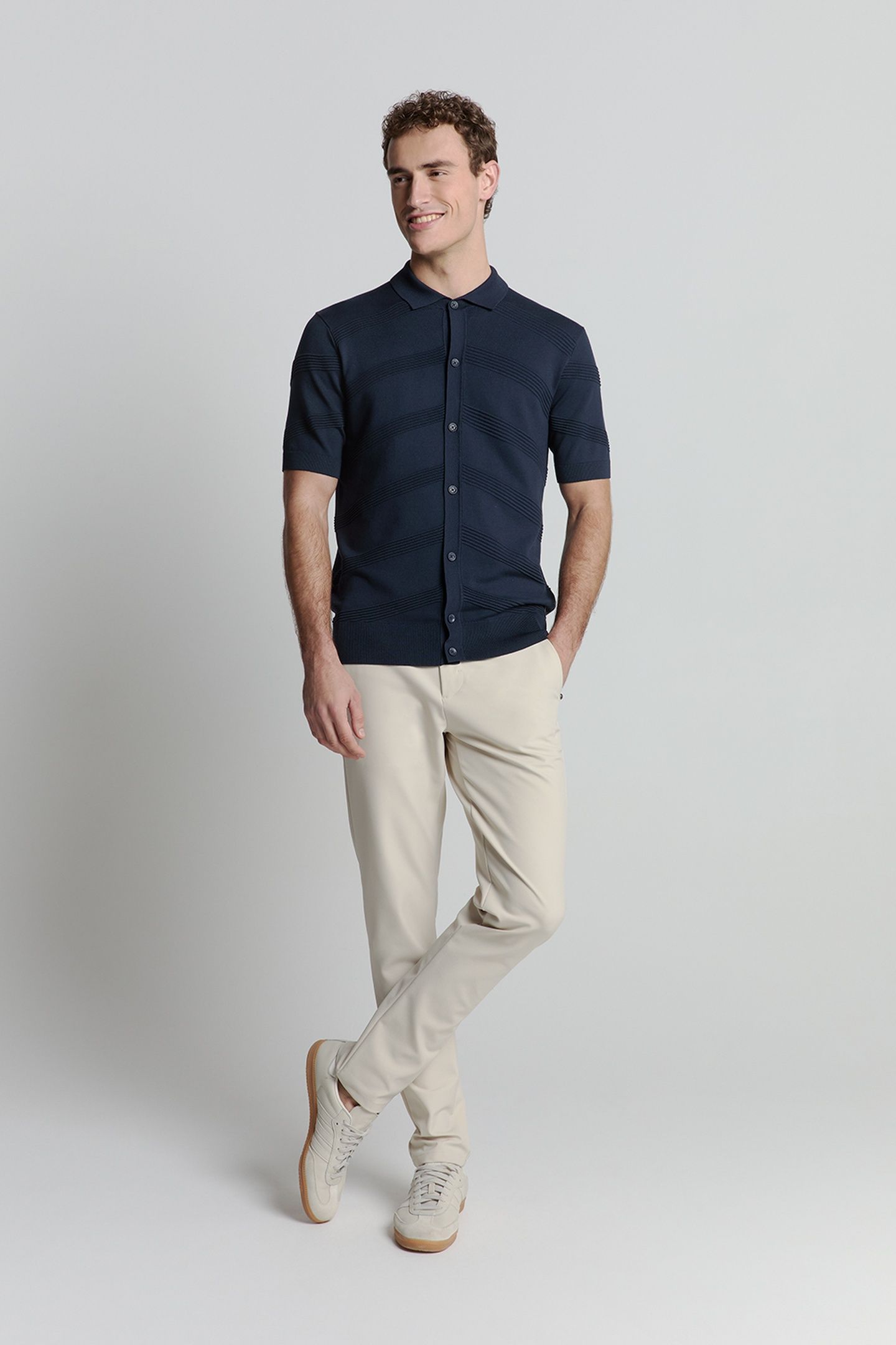 PULLOVER SHORT SLEEVE FULL BUTTON POLO RELIEF KNIT DEEP BLUE 1