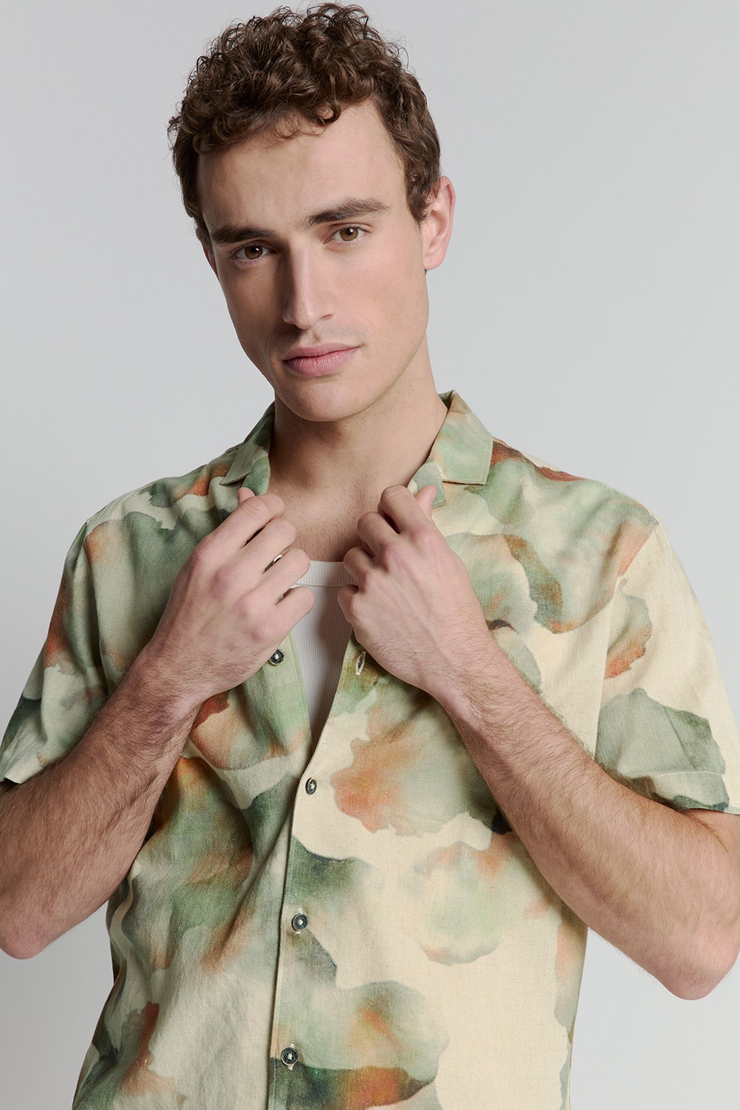 SHIRT SHORT SLEEVE REVERS COLLAR ALLOVER PRINTED WITH LINEN  2