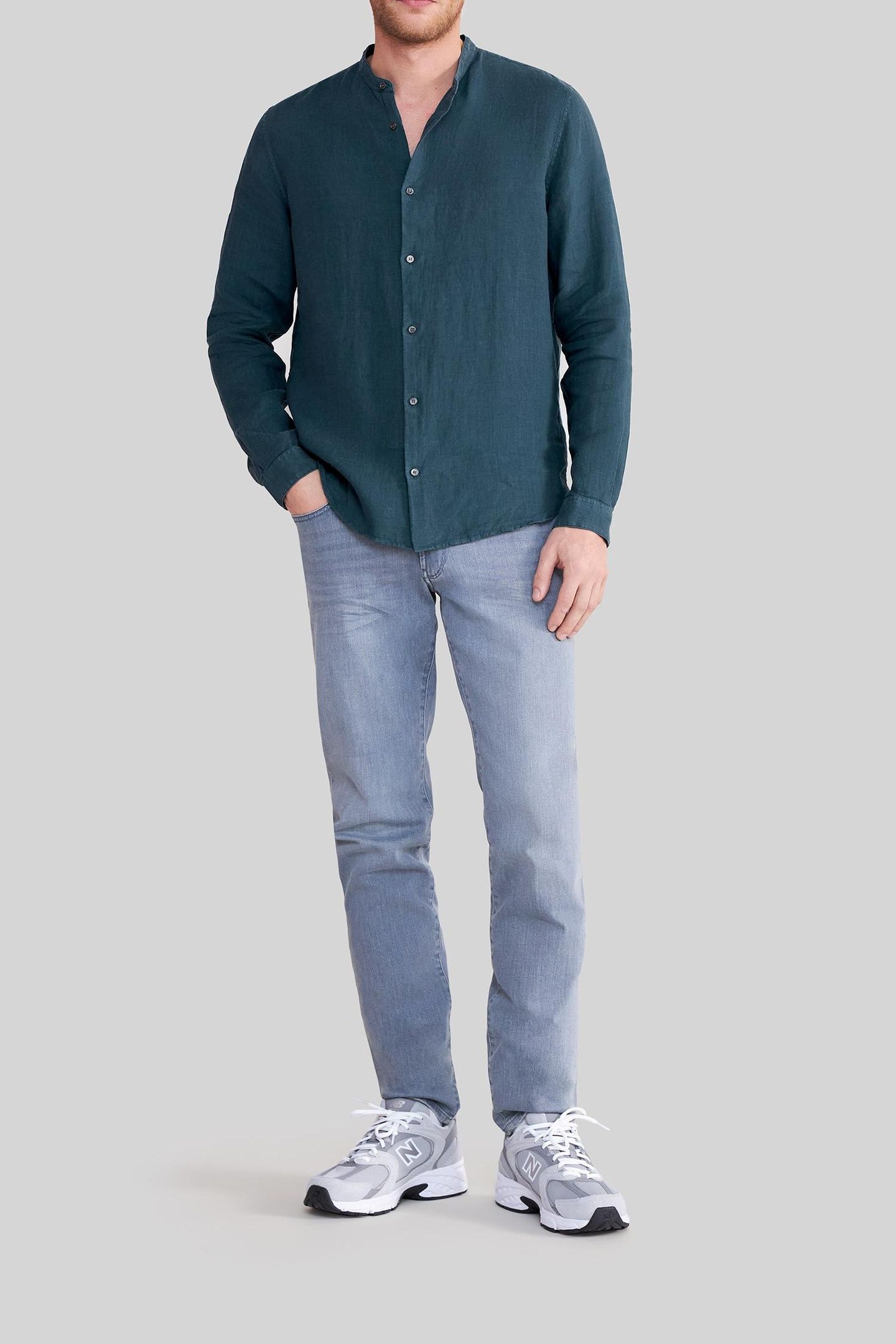 SLATE PURE LINEN REGULAR SHIRT WITH MANDARIN COLLAR 1