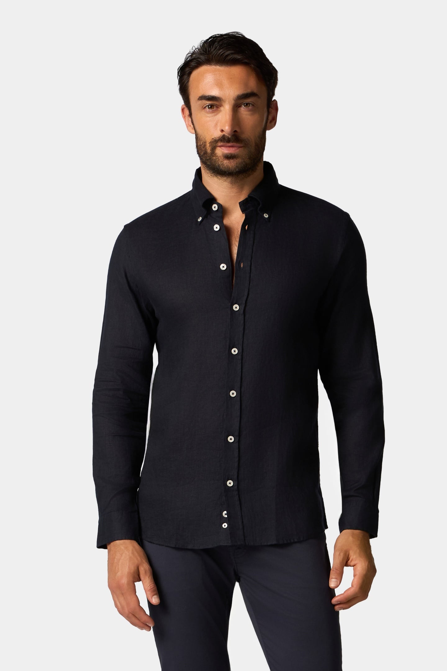 SLIM FIT LINEN BUTTON DOWN SHIRT NAVY 1