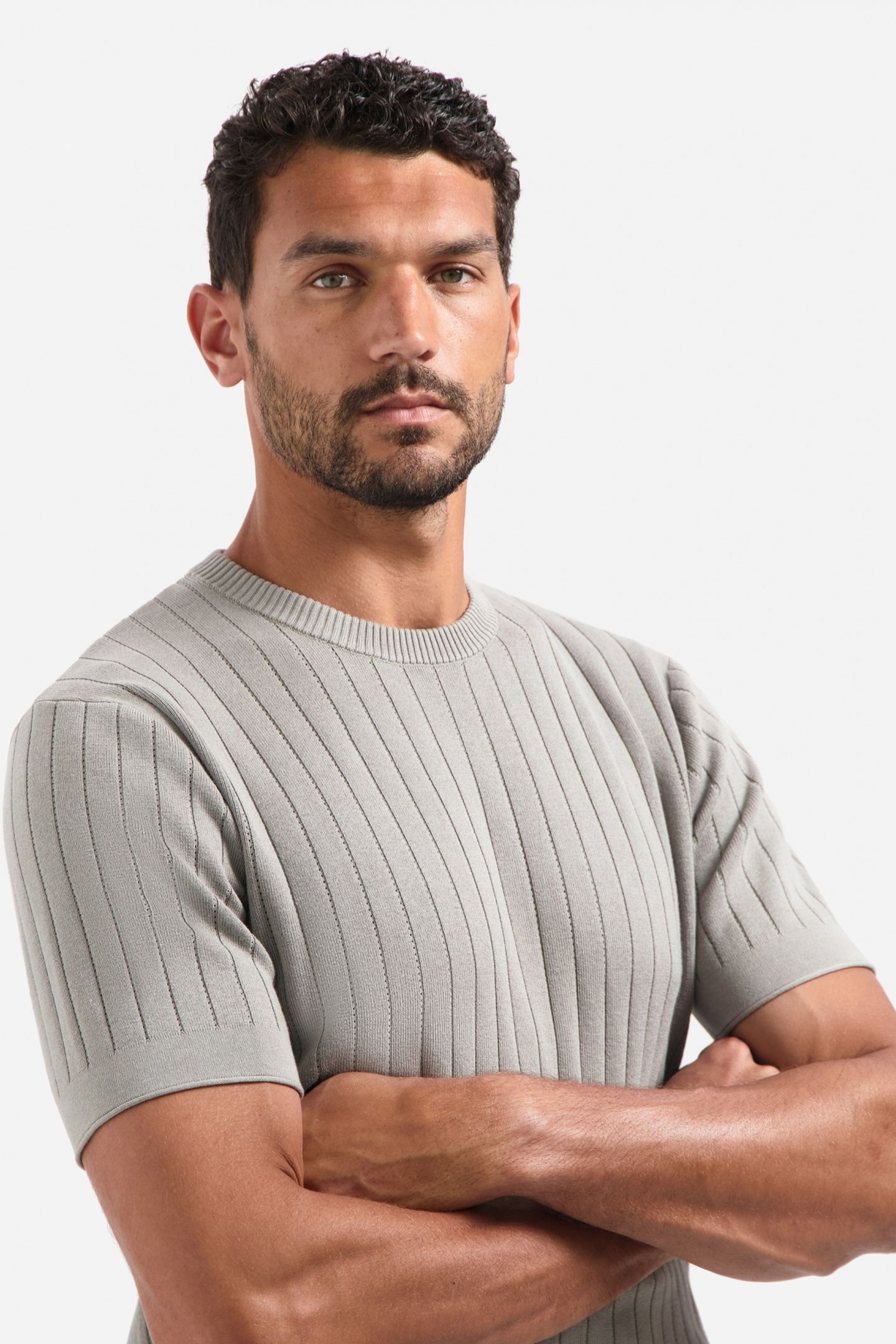 PULLOVER SHORT SLEEVE CREWNECK SOLID DROPNEEDLE STRIPE CLAY 5