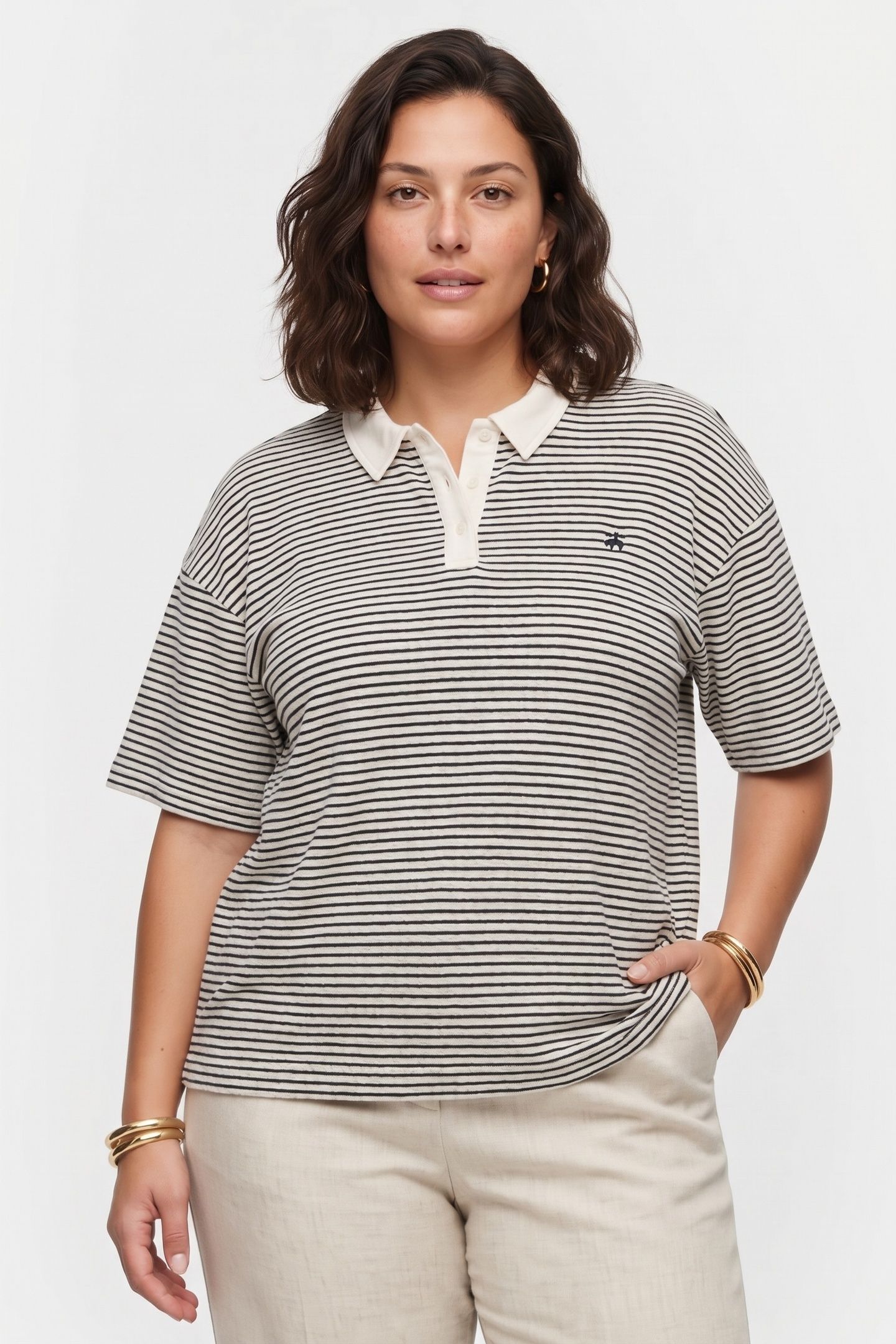 STRIPED LINEN-COTTON JERSEY POLO WITH LOGO WHITE 1