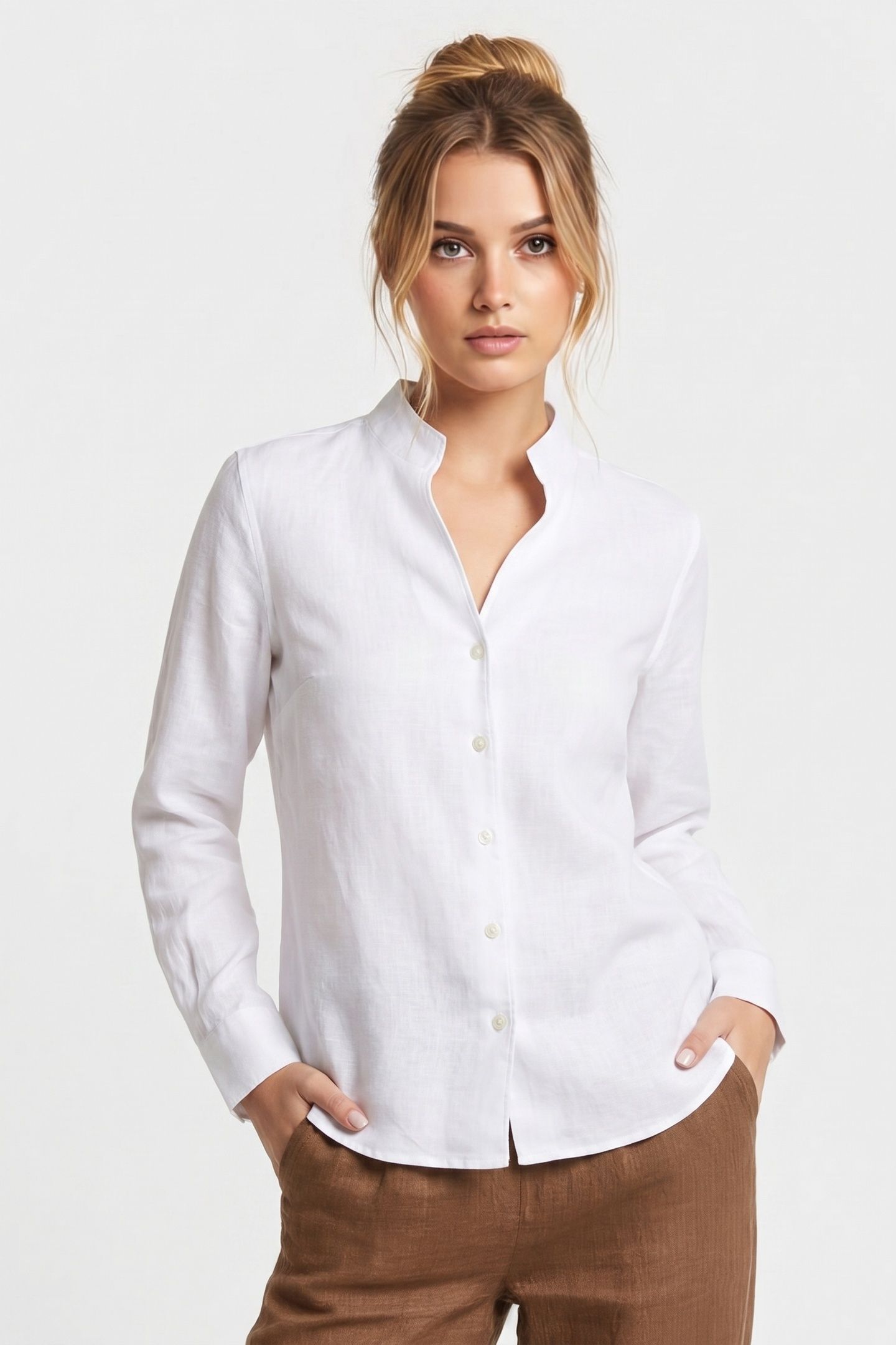 SLIM FIT LINEN SHIRT WITH STAND COLLAR WHITE 1