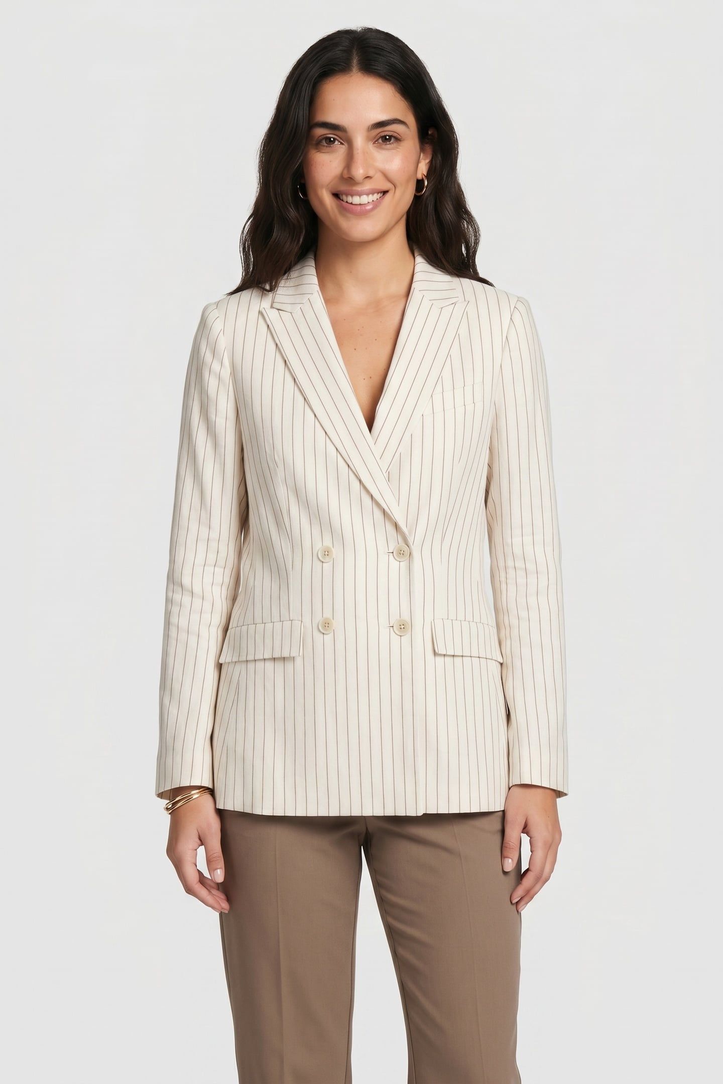 PINSTRIPE LINEN BLEND DOUBLE-BREASTED BLAZER WHITE 1