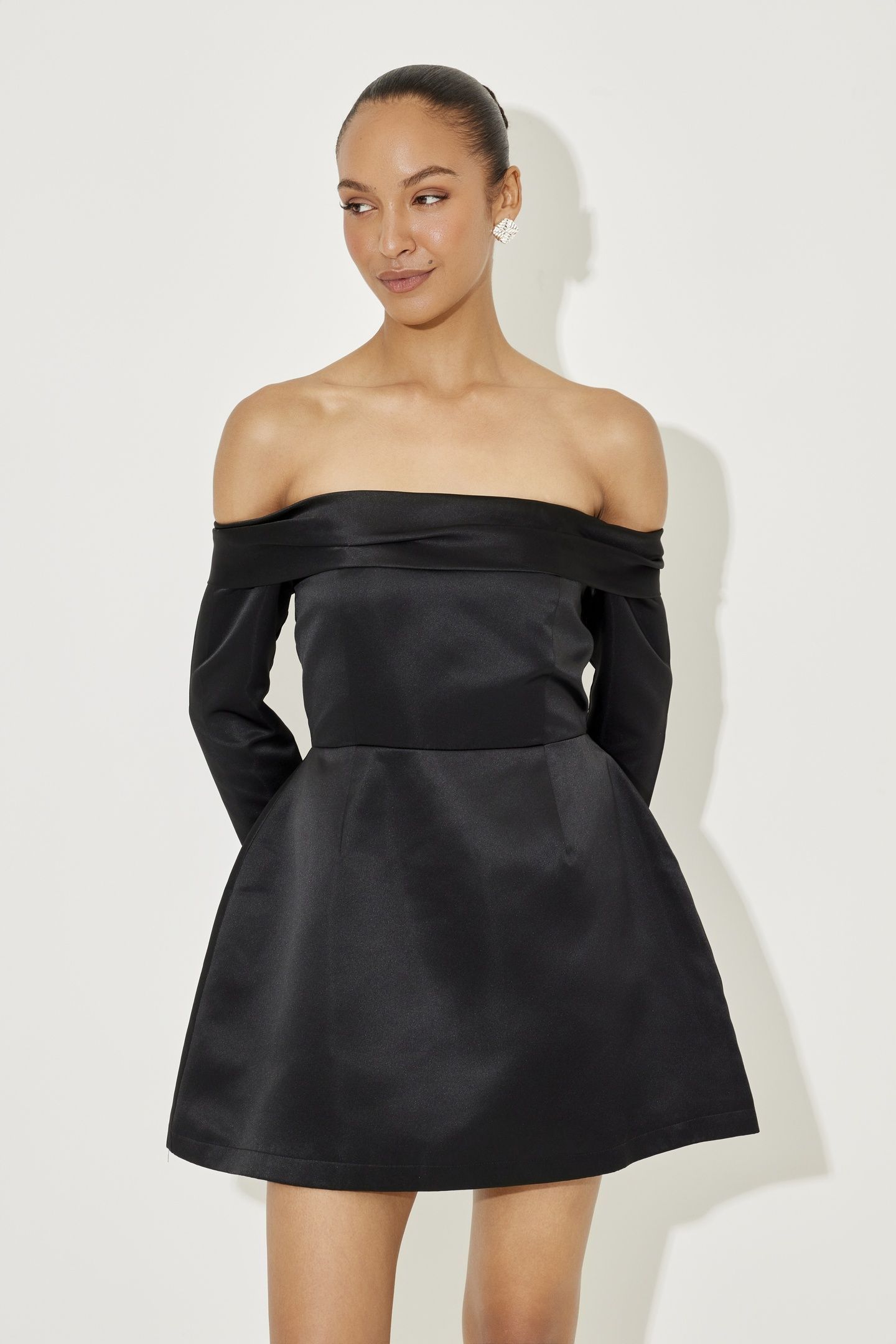 SATIN BARDOT MINI DRESS BLACK 2