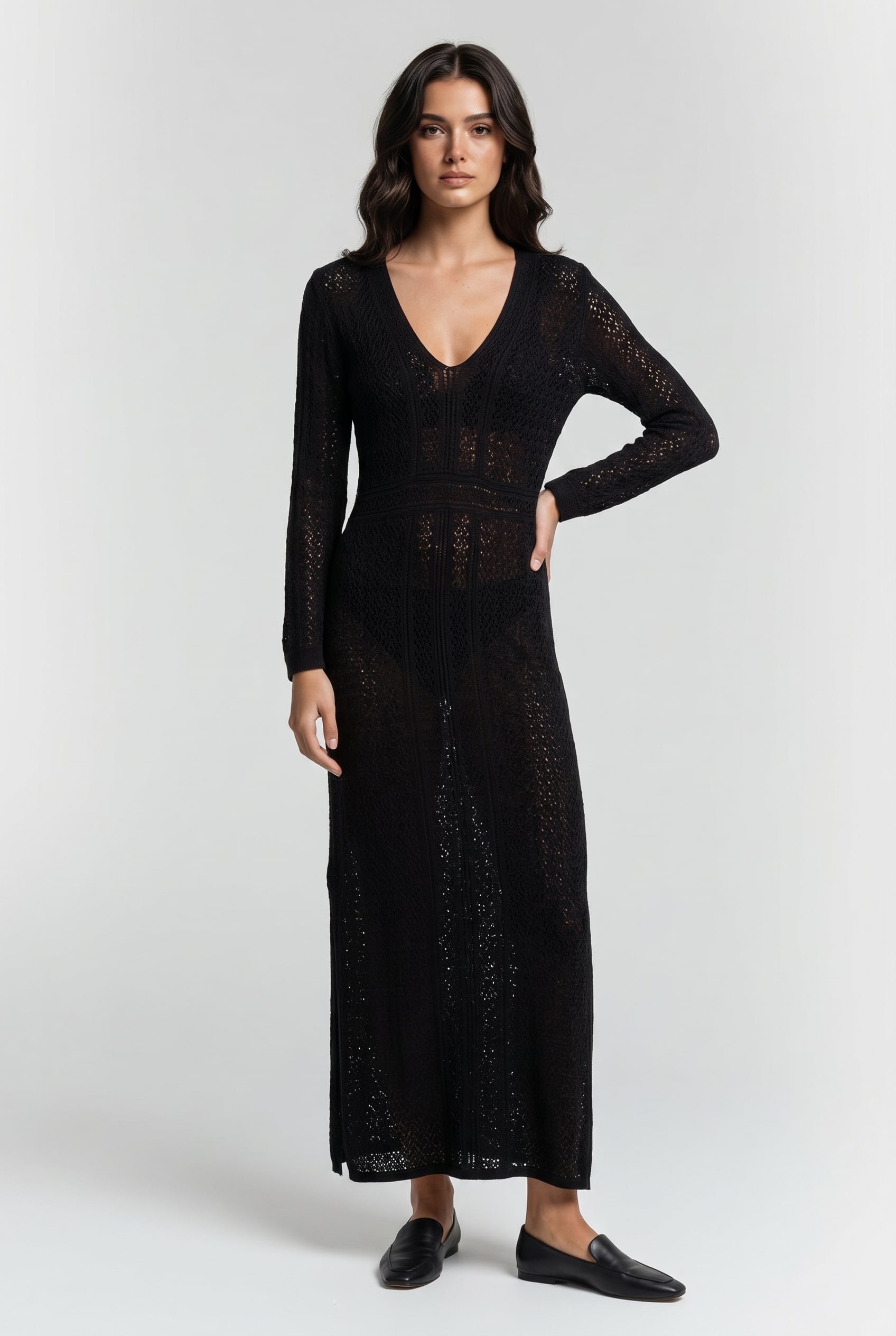 V-NECK KNITTED CROCHET DRESS BLACK 1