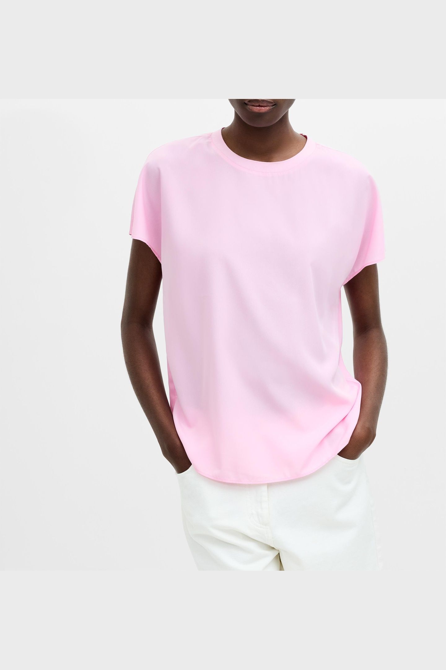CREPE LIGHT CREW NECK TOP BUBBLEGUM PINK 1