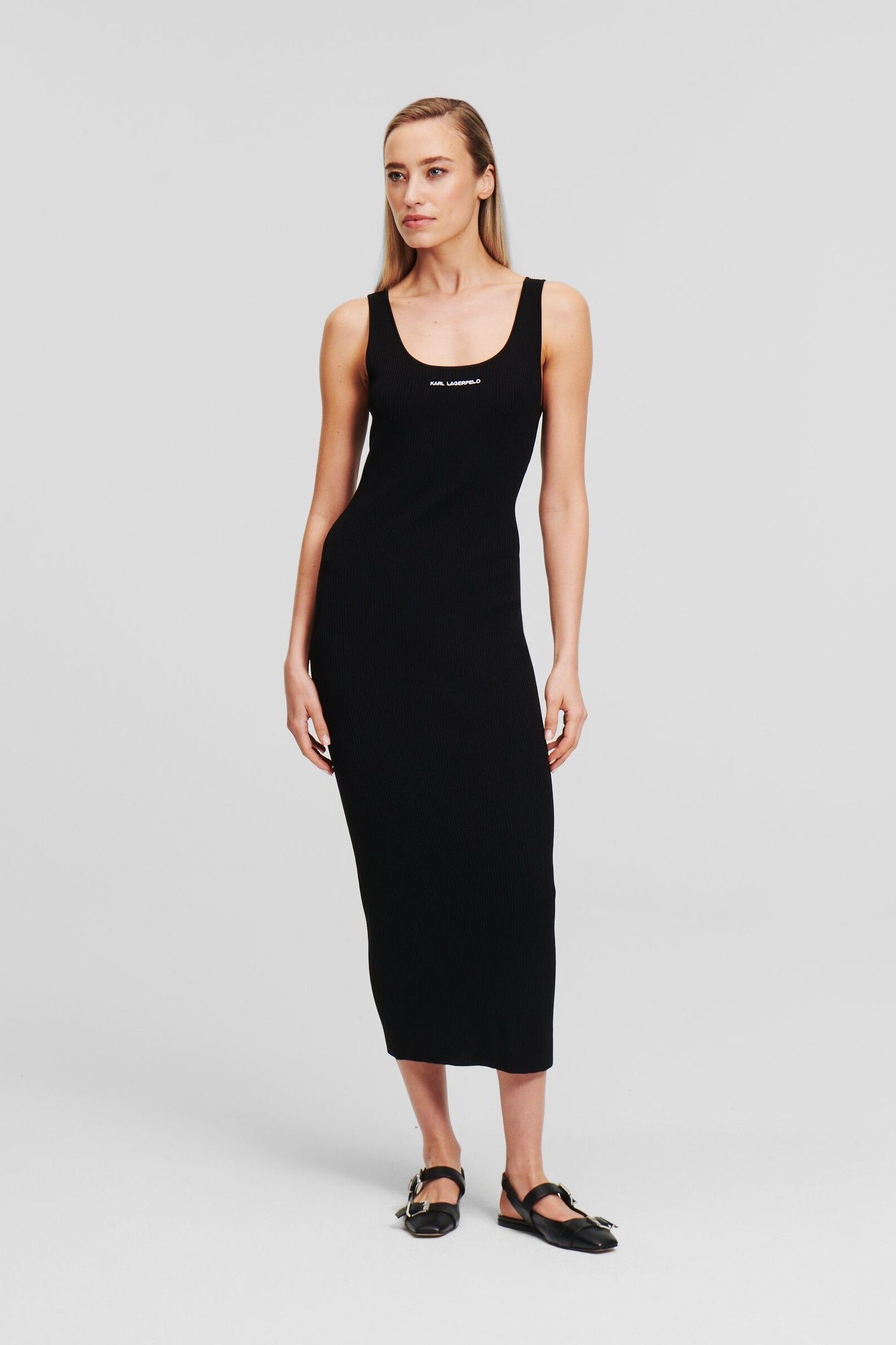 SLEEVELESS RIB KNIT DRESS BLACK 1