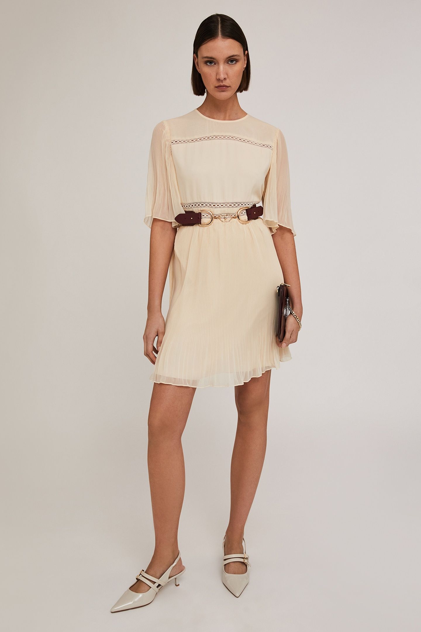 EMBROIDERED DRESS WITH PLEATED DETAILS WHITE 3