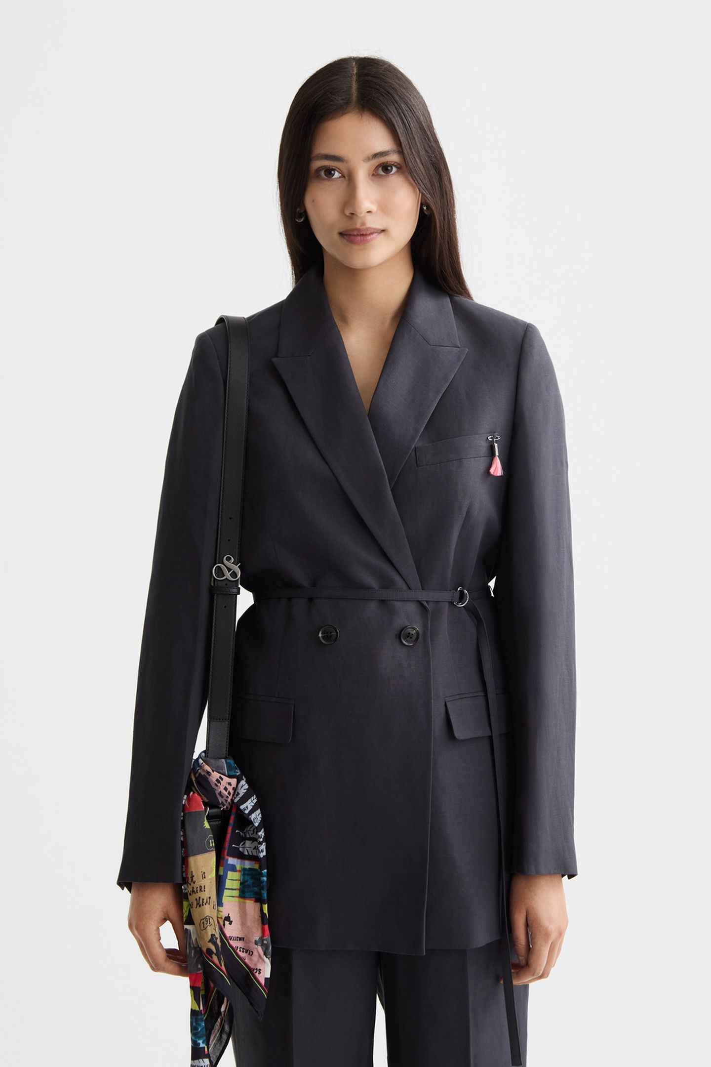 DOUBLE BREASTED BELTED DRAPEY BLAZER CHARCOAL ART 2