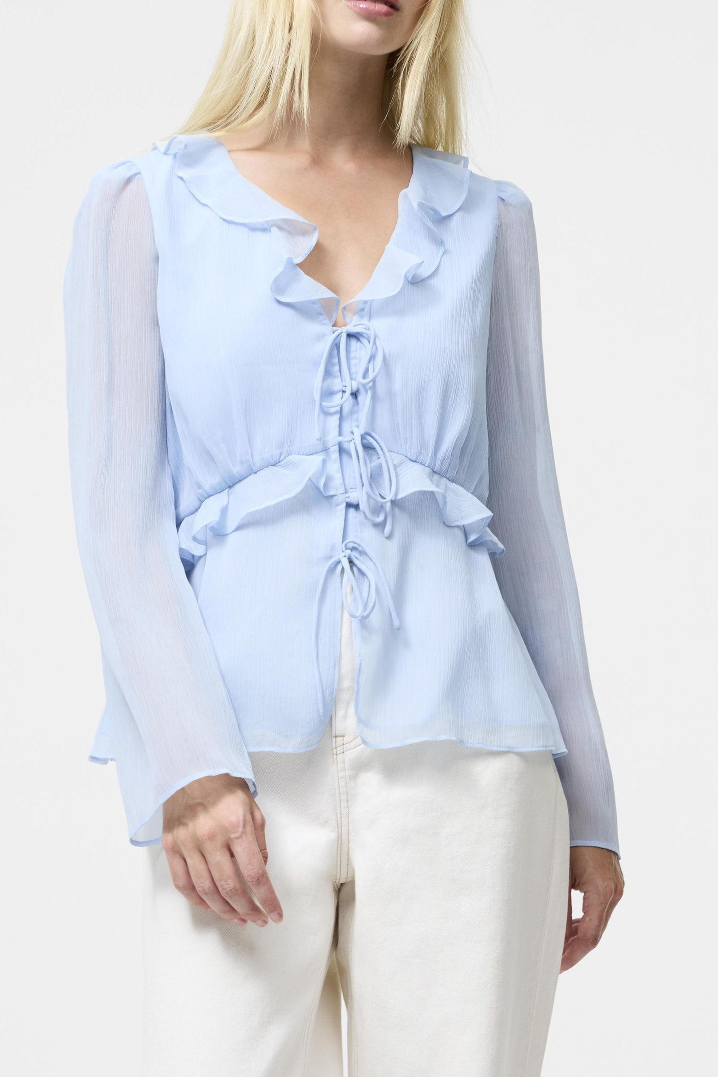 EMINA CHIFFON FRILL TIE UP TOP ARCTIC BLUE 2