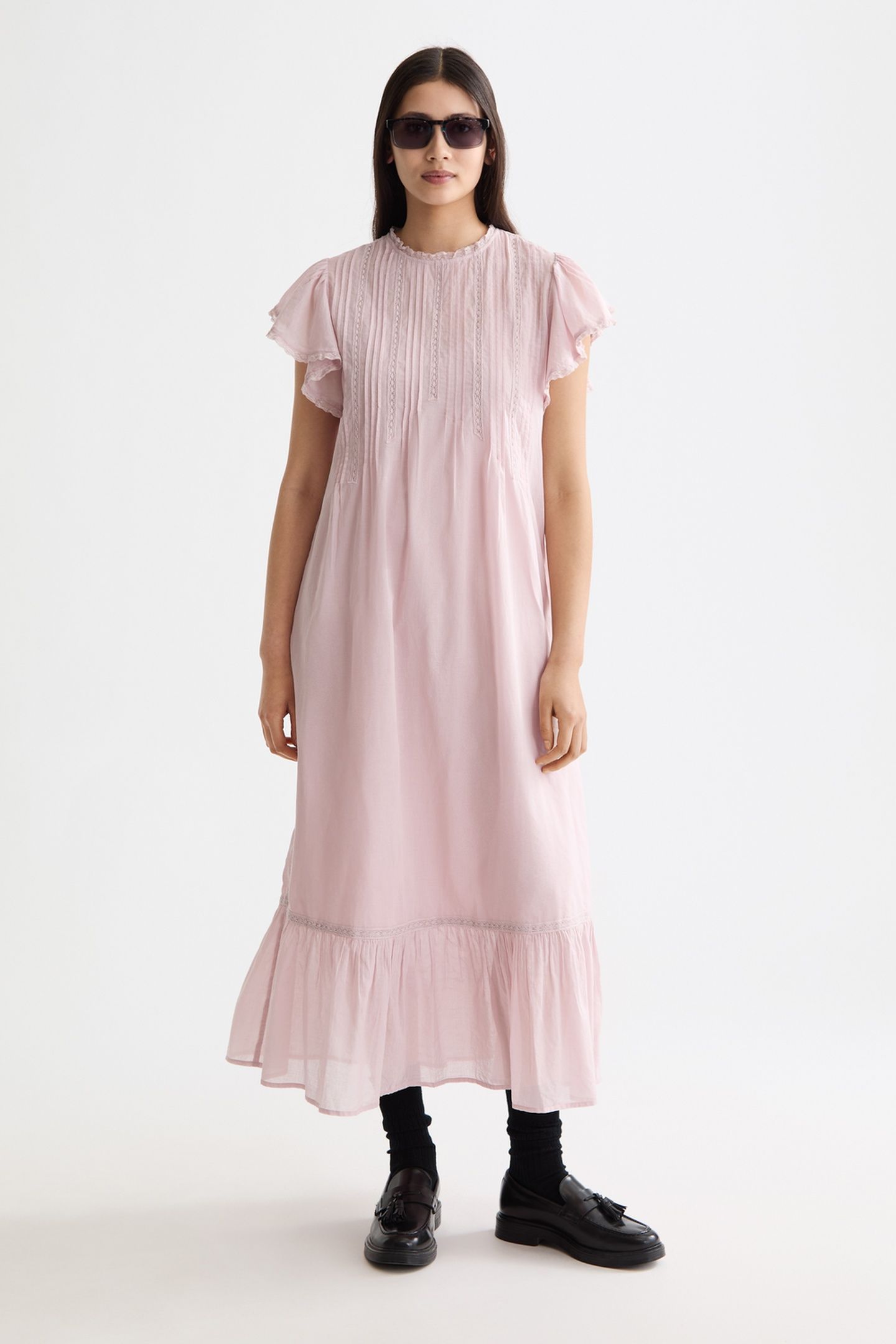 MAXI DRESS WITH PLEATED LACE DETAILS BURNISHED LILAC 1