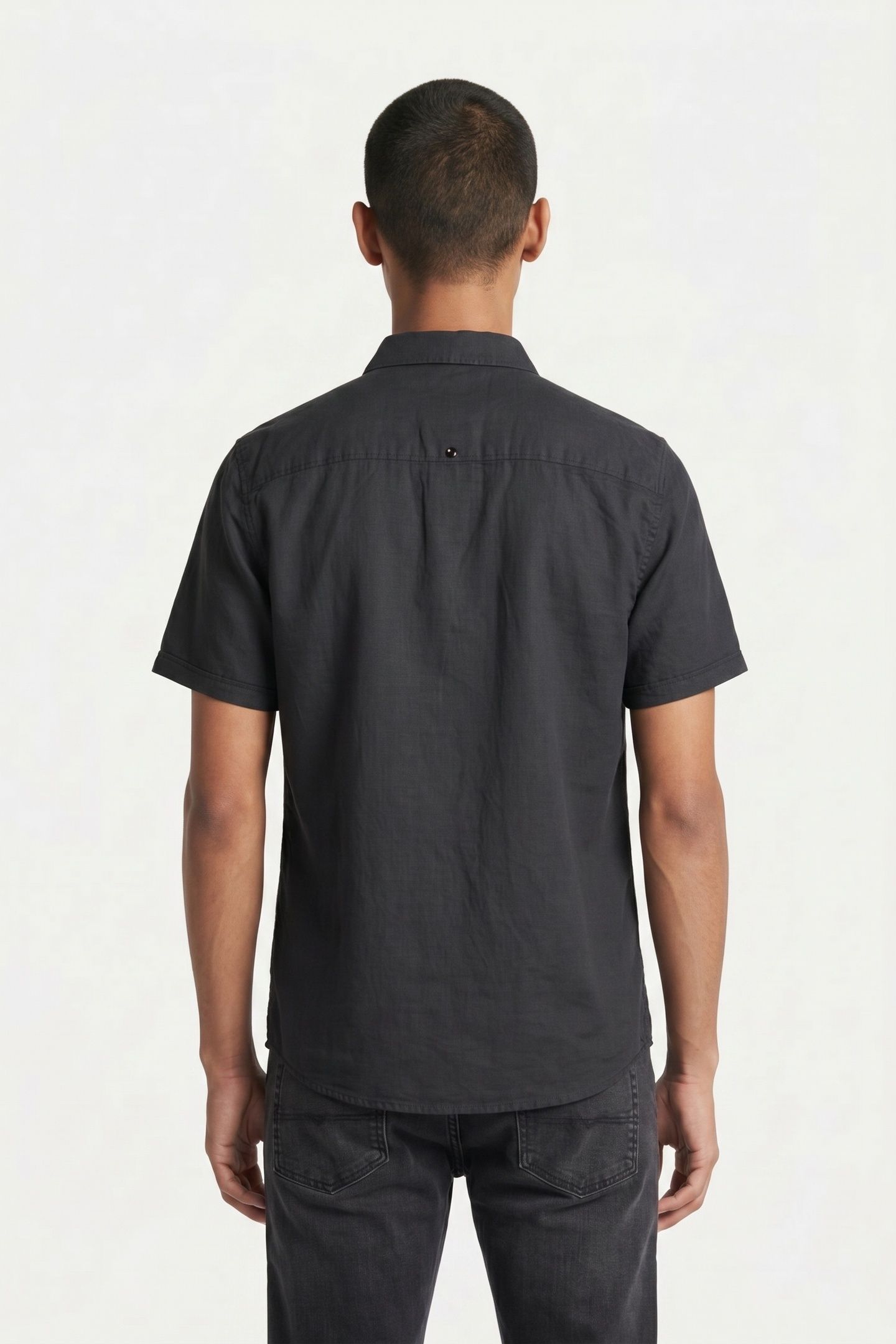 SHIRT SHORT SLEEVE SOLID WITH LINEN DARK STEEL 2