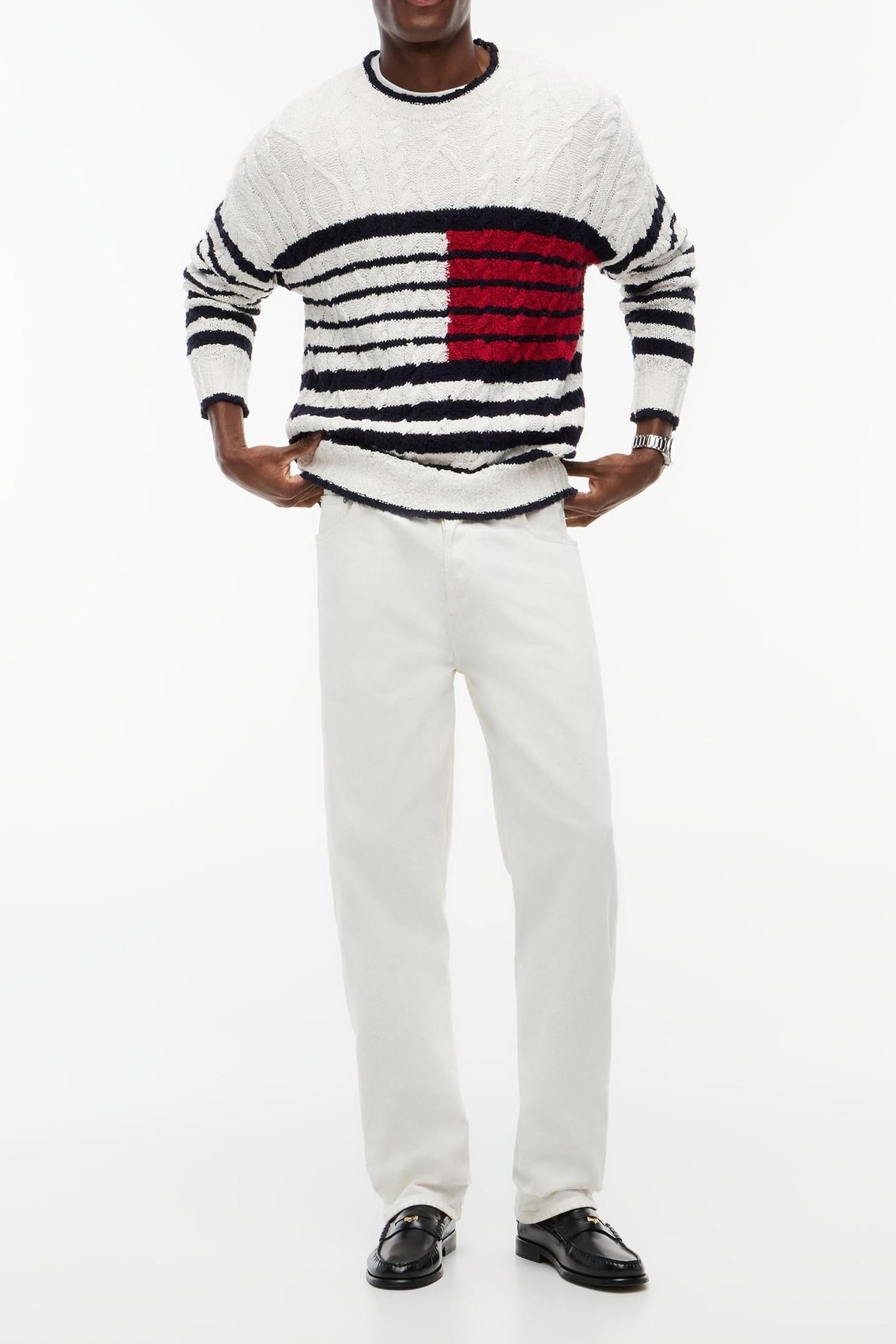 BRETON FLAG CABLE SWEATER IVORY/DESERT SKY/RED 1