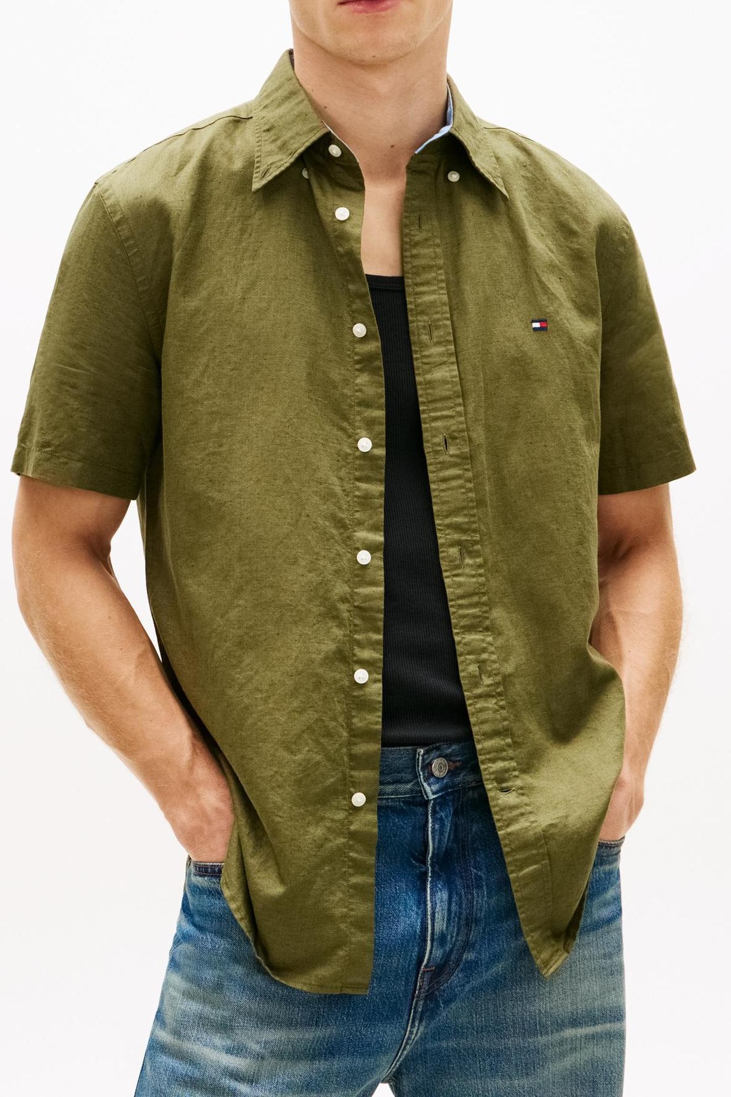 LINEN BLEND SOLID SS SHIRT DARK ARTICHOKE 1