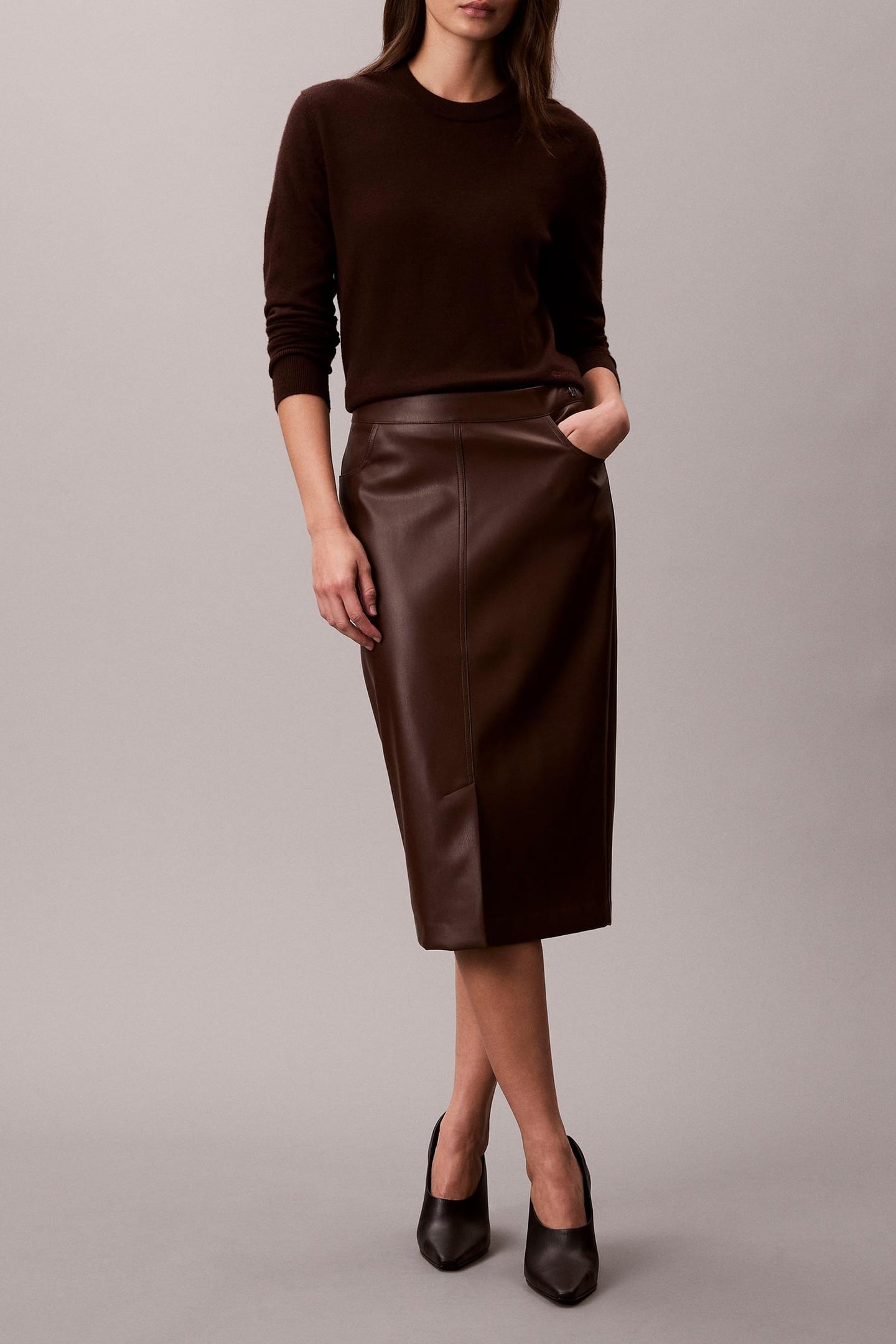 FAUX LEATHER MIDI SKIRT RICH BROWN 1