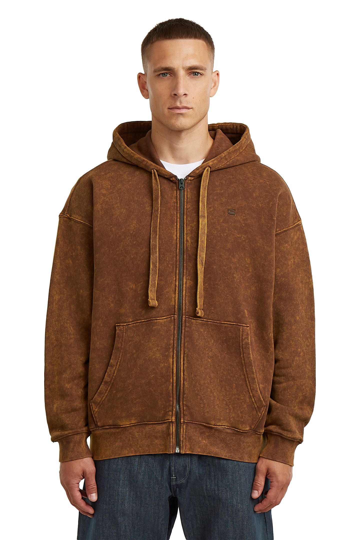 WASHED LOOSE FULL ZIP HOODED SWEATER POTTING SOIL SMOKEY 1