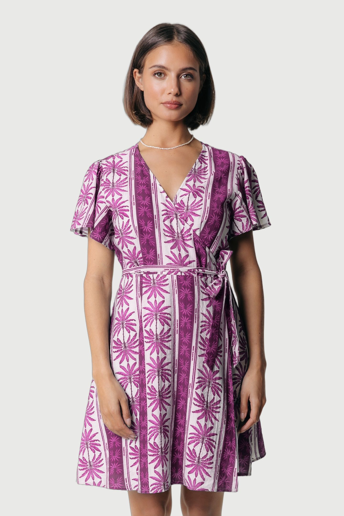 NOVA PALM REAL WRAP MINI DRESS SS RASPBERRY WINE 1