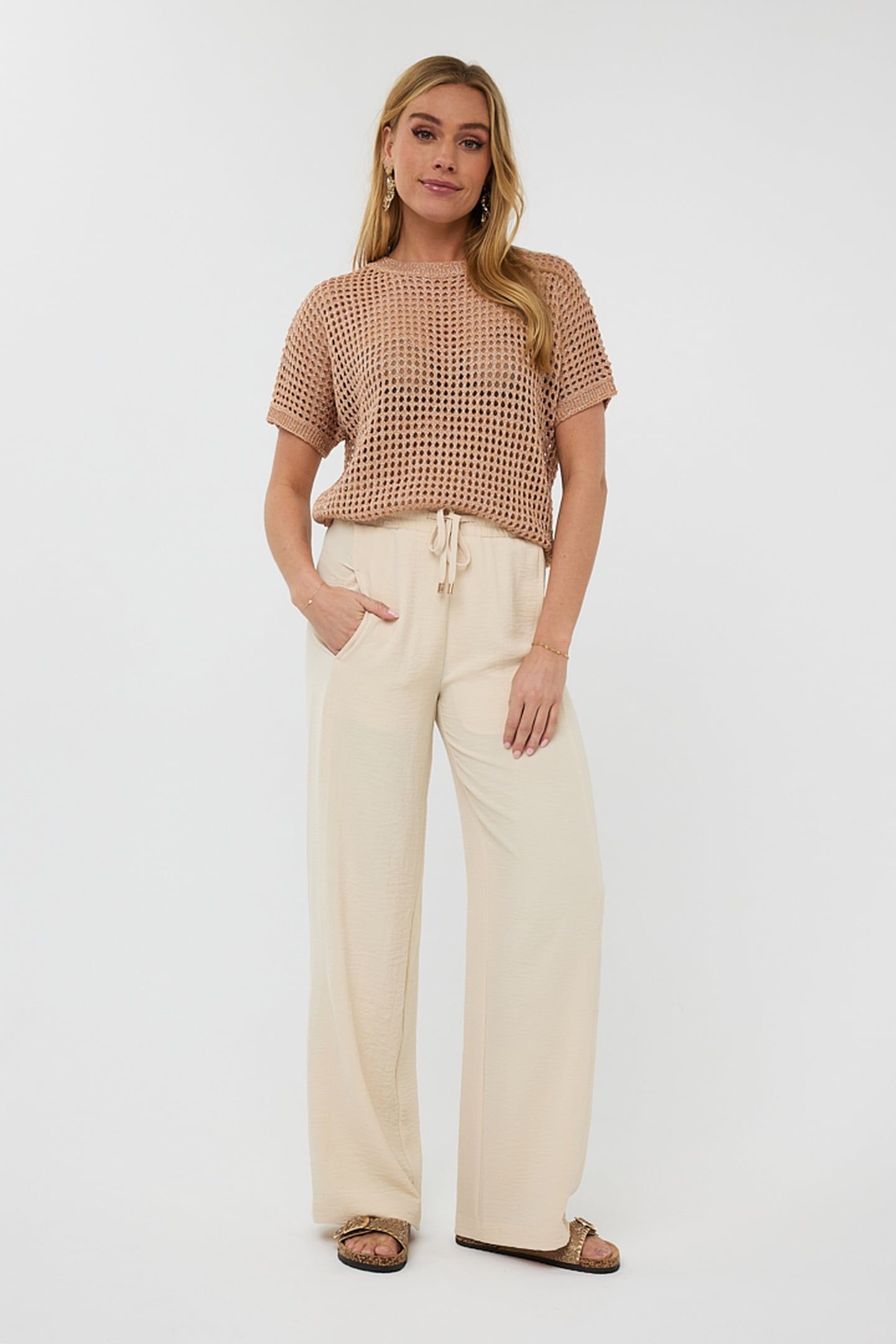 TROUSERS WIDE ELASTIC CRINKLE SAND 2