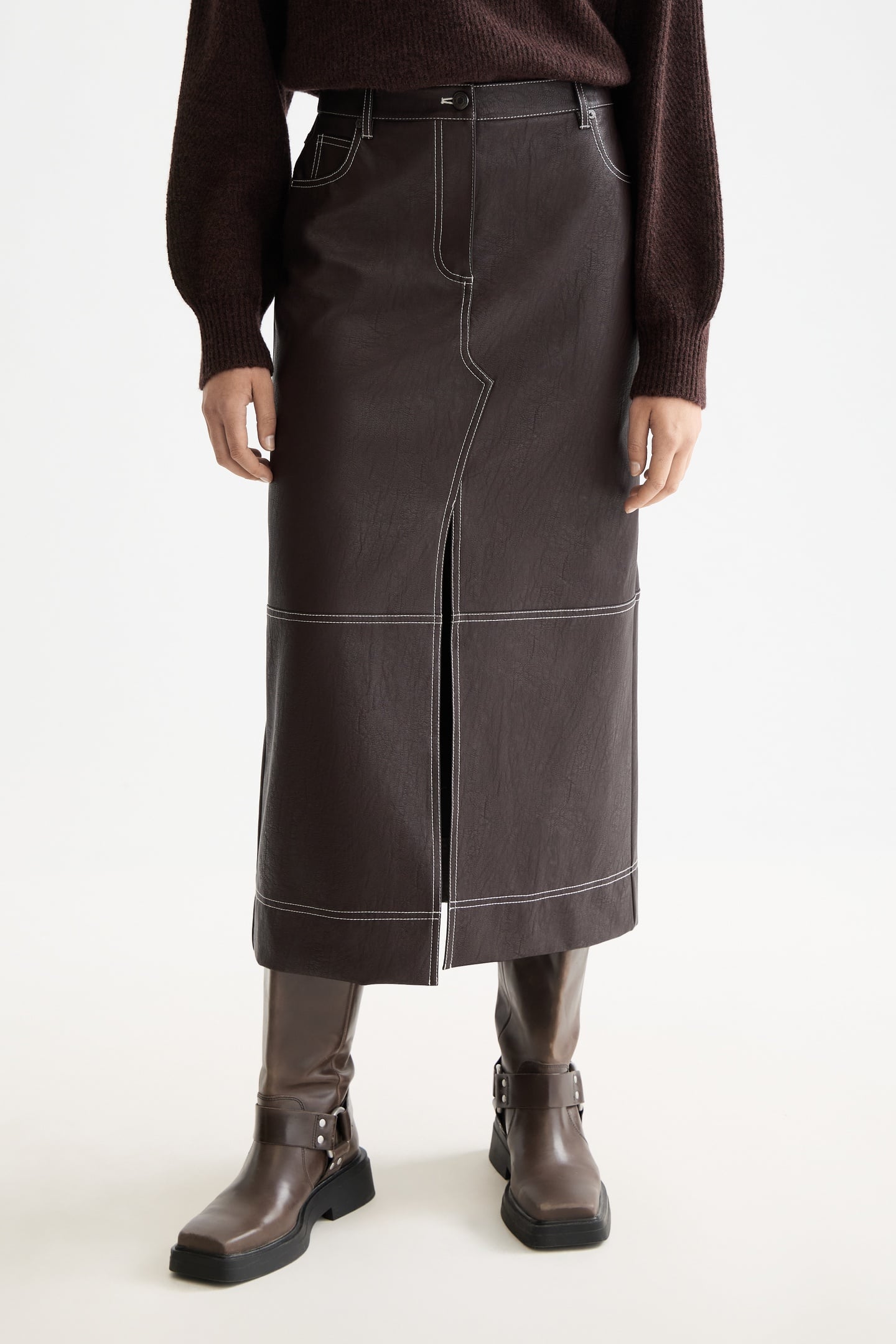 FAUX LEATHER MIDI SKIRT WITH FRONT SLIT CHOCOLATE PLUM 1