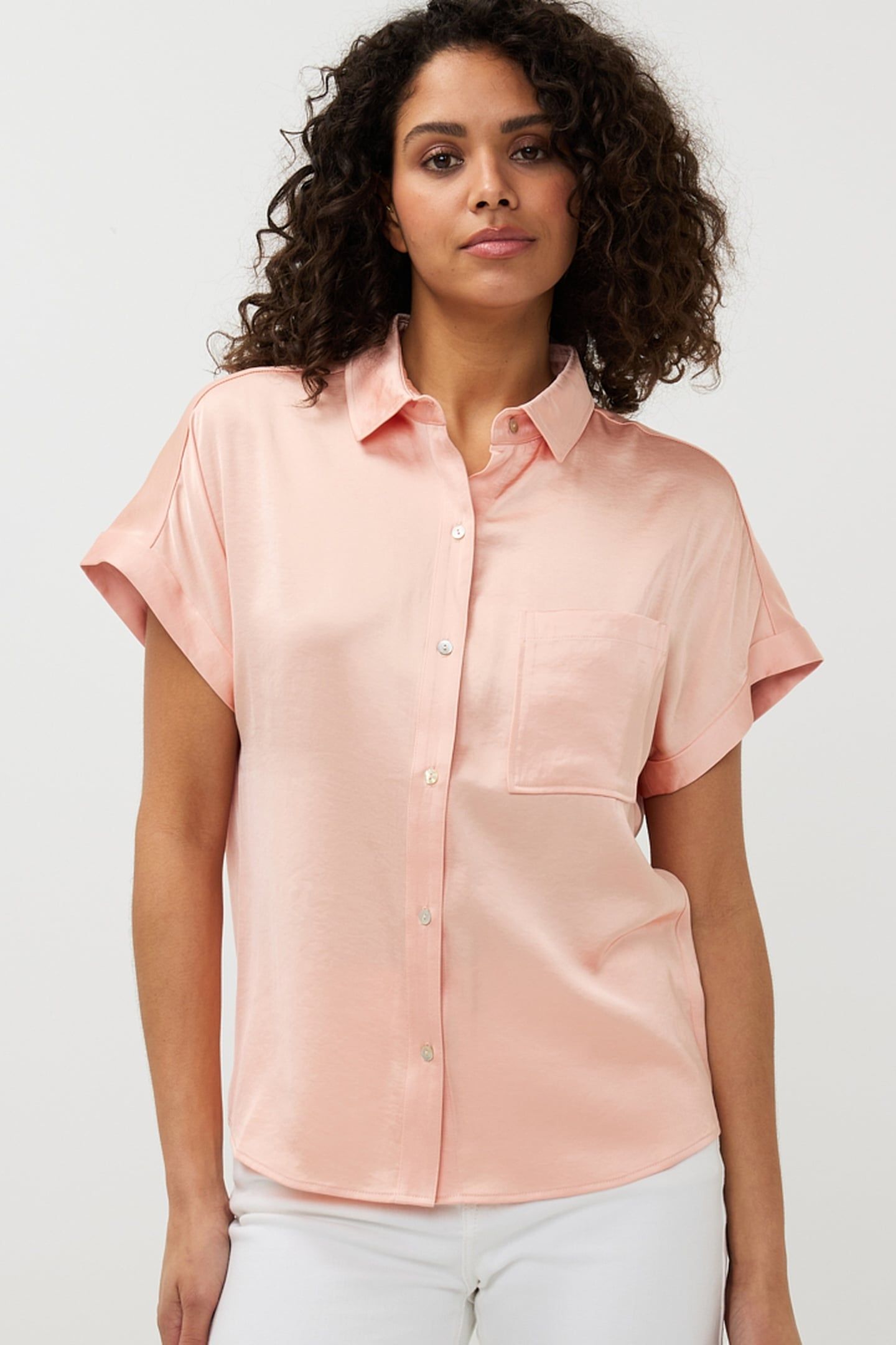 BLOUSE S/SLVE POCKET SATIN LOOK LIGHT APRICOT 2
