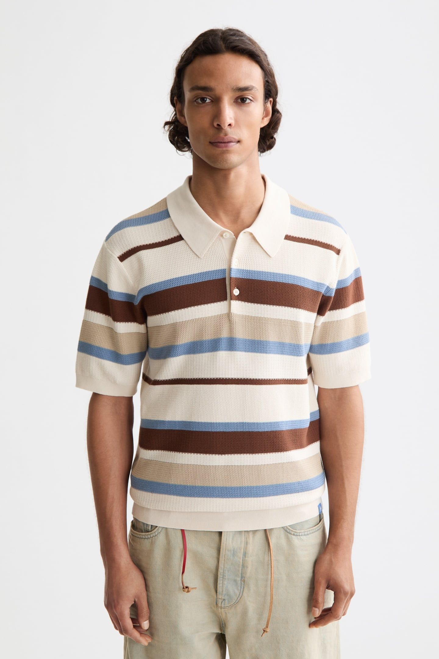 REGULAR-FIT KNITTED STRIPED POLO PLAZA TAUPE STRIPE 1