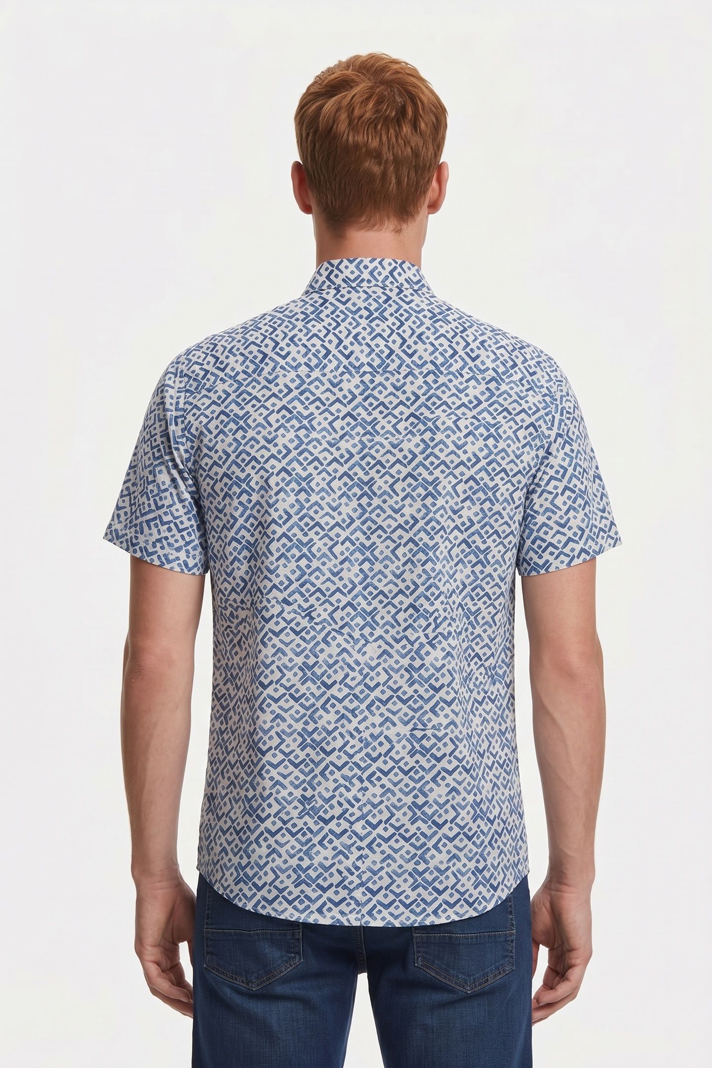 SHIRT SHORT SLEEVE SLUB ALLOVER PRINTED INDIGO BLUE 2