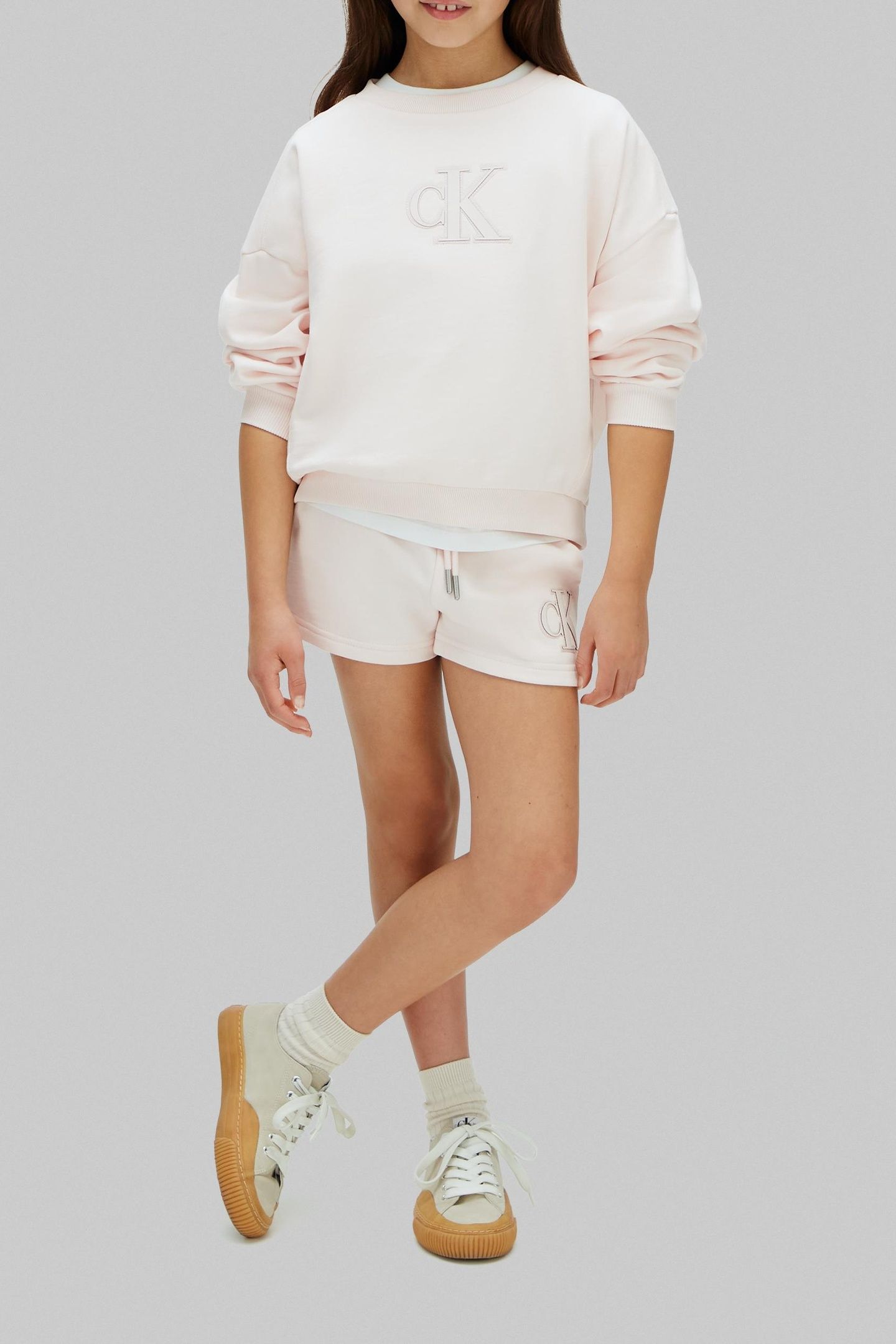 GIRLS CK LOGO KNIT SHORTS PEARL 3