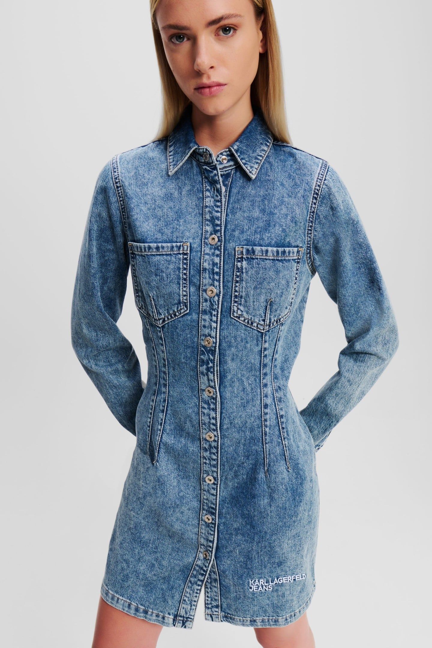 LONGSLEEVE PINTUCK DENIM DRESS STONE WASHED BRIGHT BLUE 1