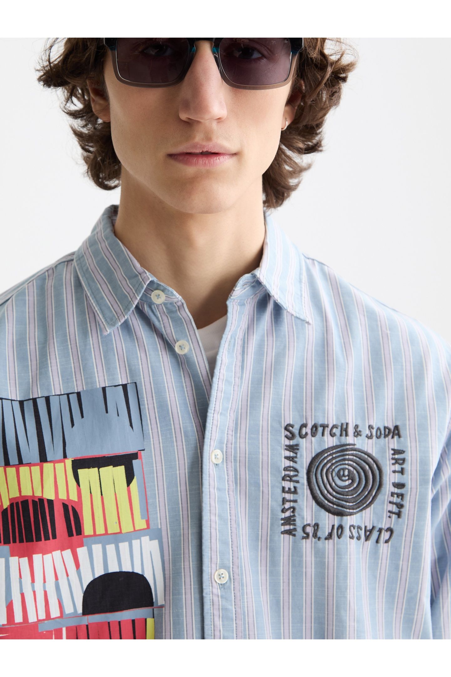 GRAPHIC PATCHWORK STRIPED OXFORD SHIRT FADED DENIM LAVENDER 4