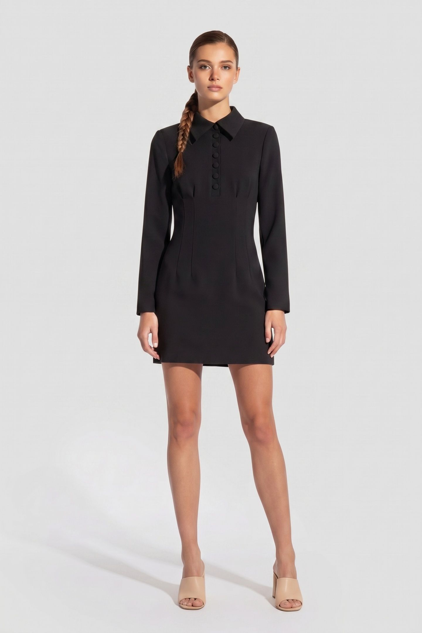 COLLARED LONG SLEEVE MINI DRESS BLACK 1