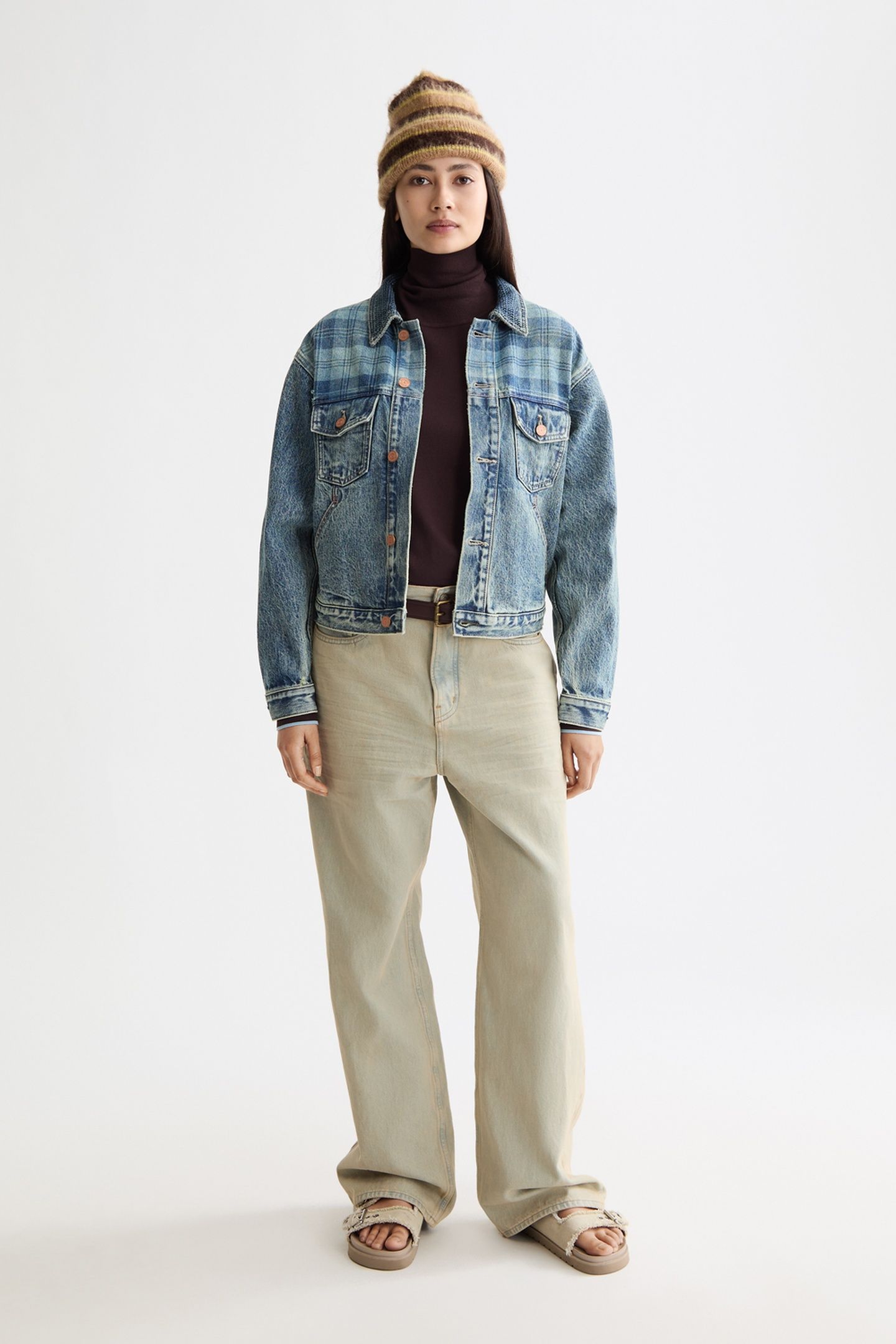 CUSTOMISED DENIM JACKET IN MIXED FABRIC - OUTDOOR BLUE OUTDO 1