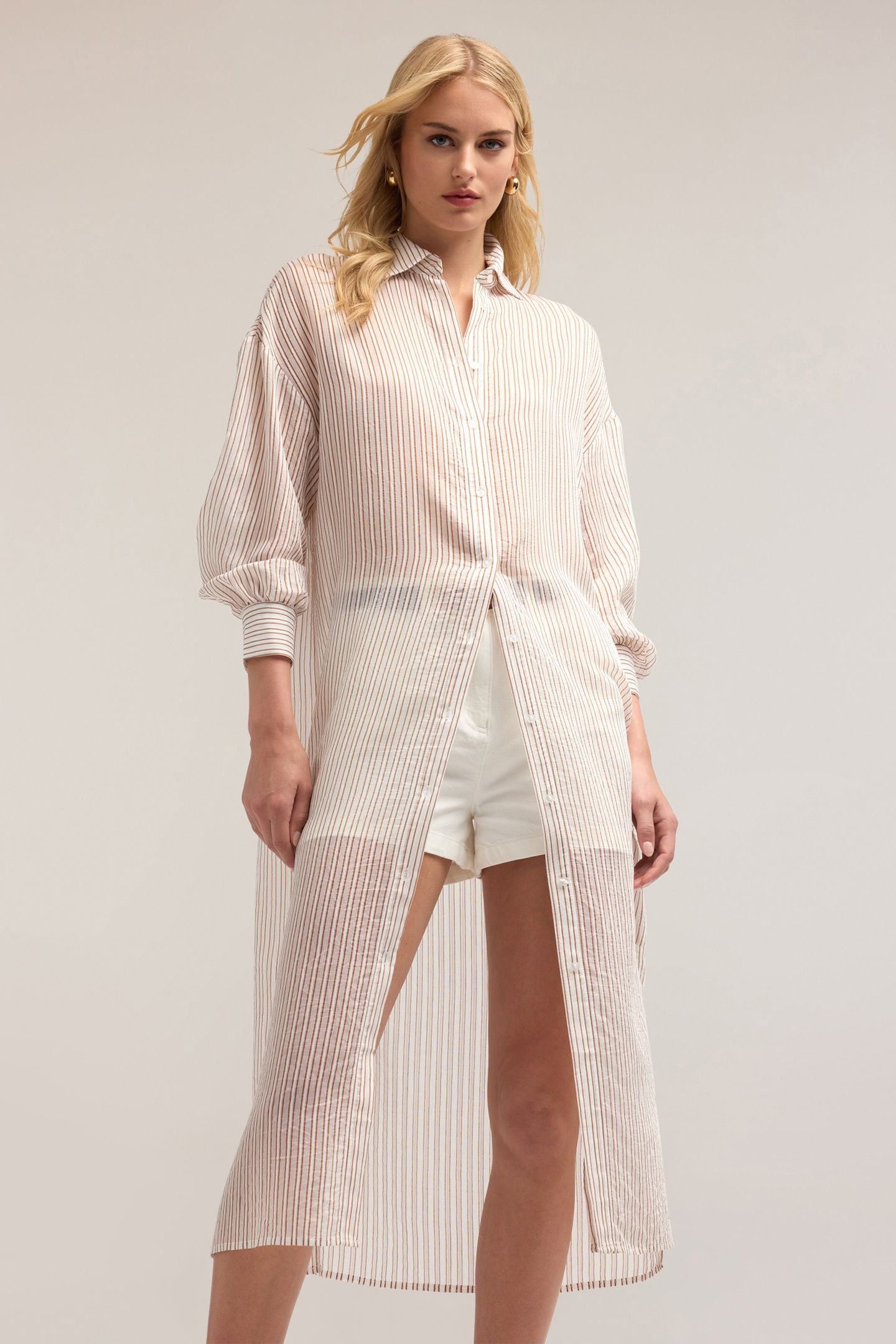 PINSTRIPED LONG SHIRT BEIGE 3