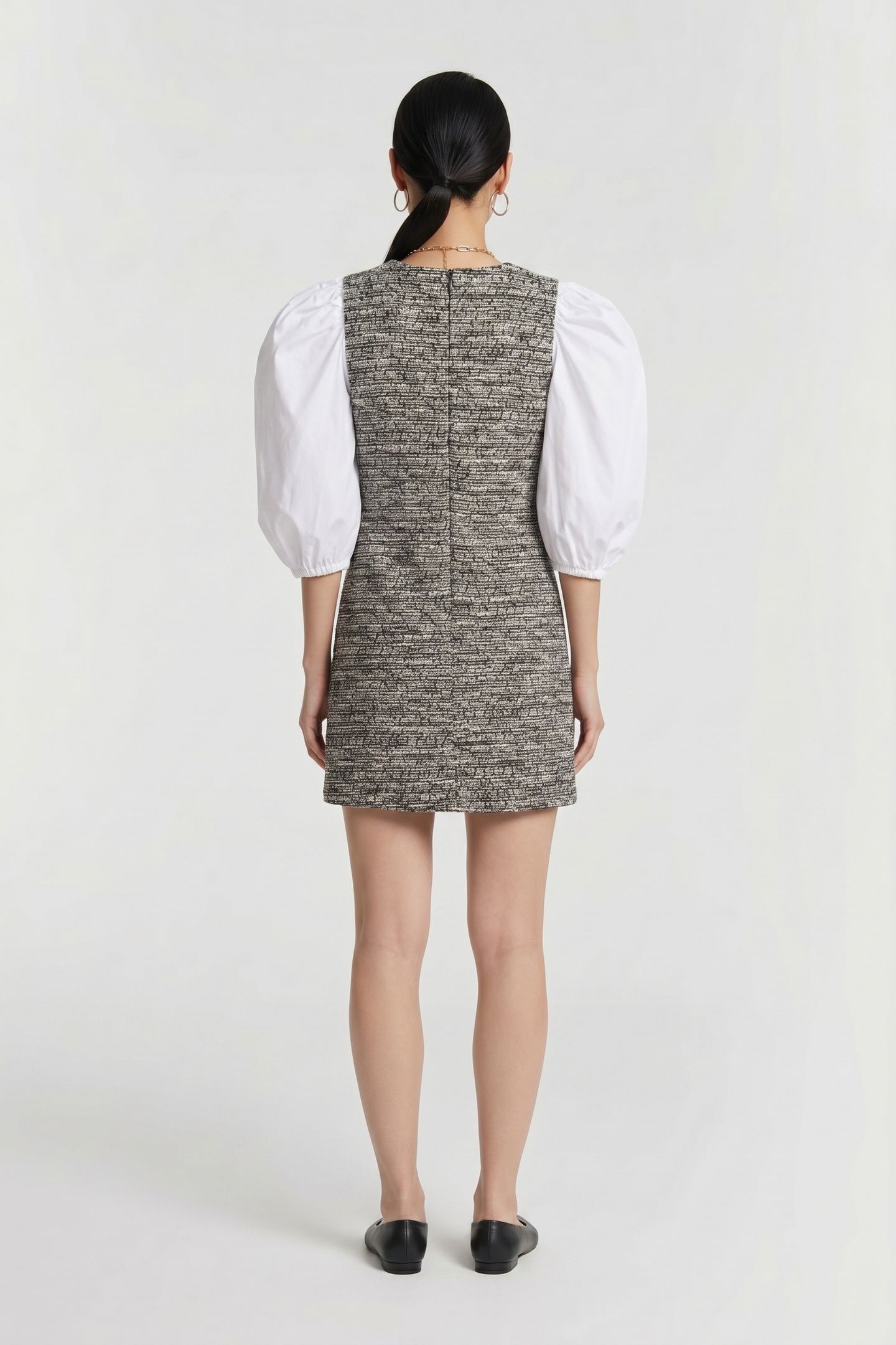 BOUCLE POPLIN SLEEVE DRESS BLACK/WHITE BOUCLE 2