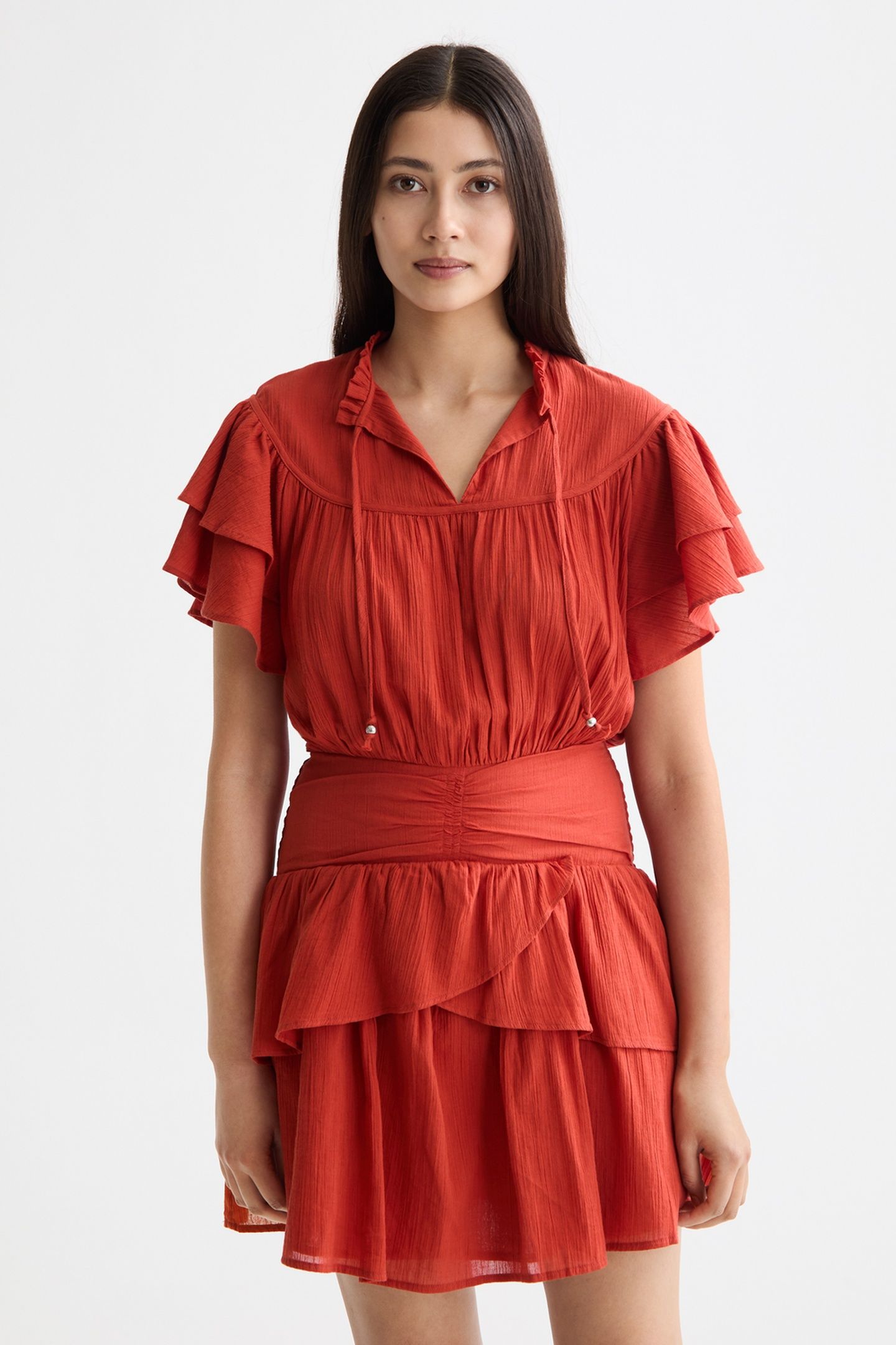 RUFFLED MINI DRESS WITH GATHERED WAIST KETCHUP 1