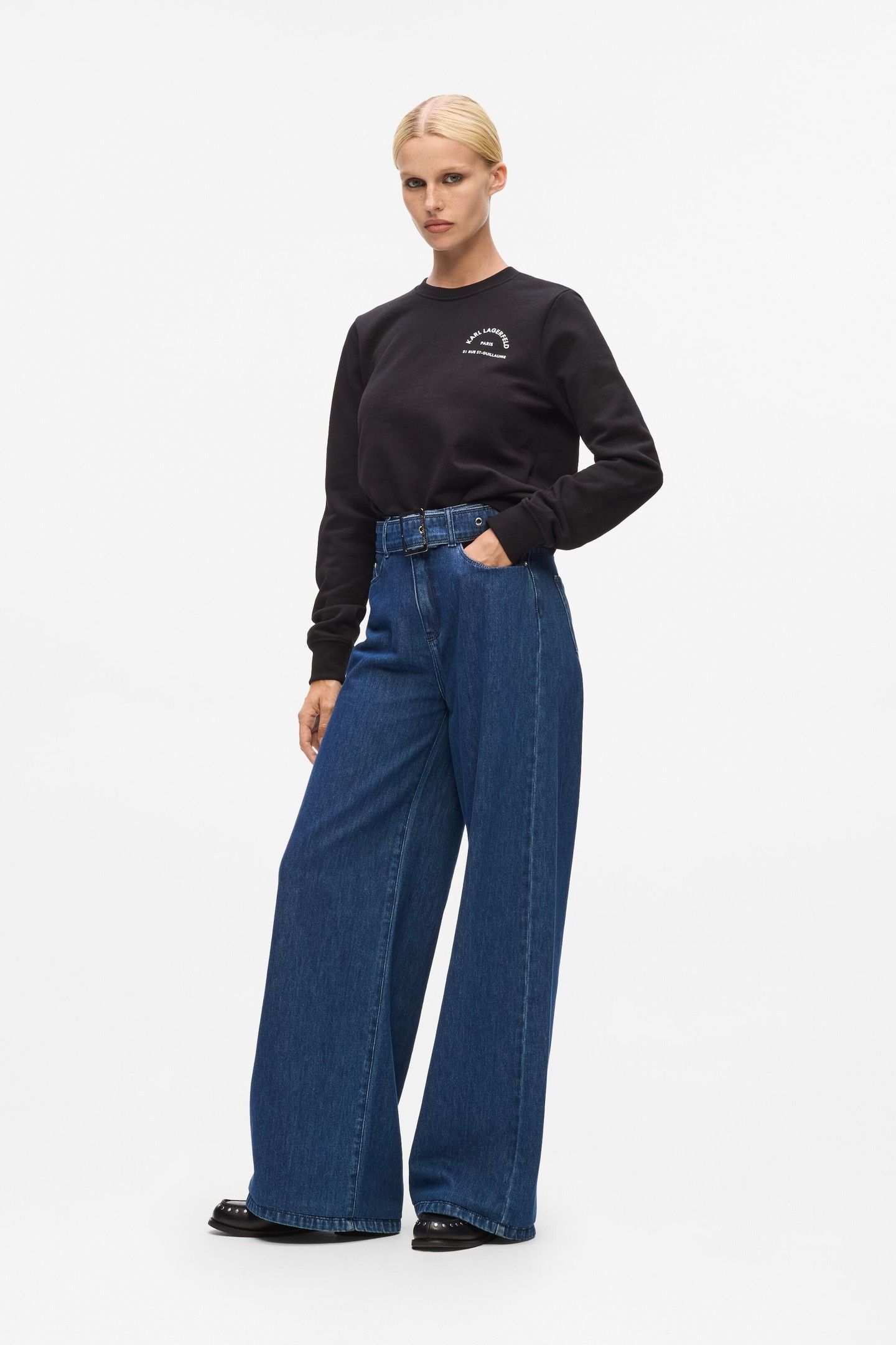 BELTED WIDE LEG DENIM PANTS DARK BLUE 6