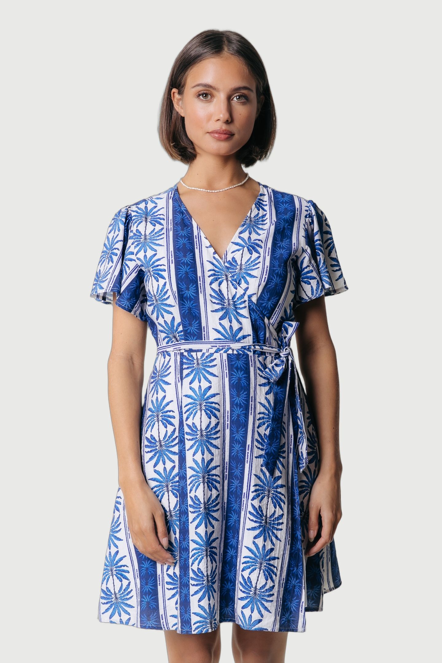 NOVA PALM REAL WRAP MINI DRESS SS BRIGHT BLUE 1
