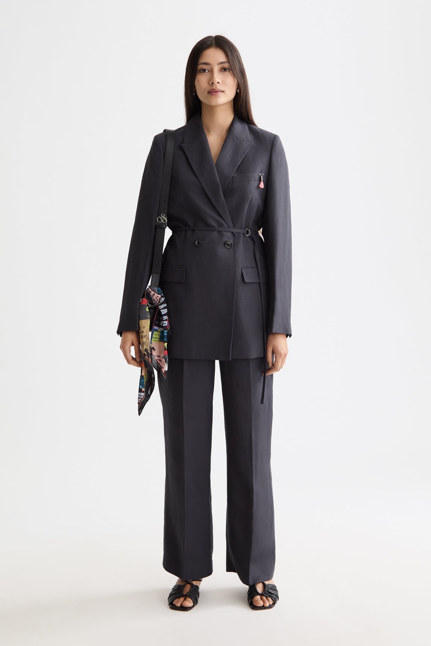 DOUBLE BREASTED BELTED DRAPEY BLAZER CHARCOAL ART 1