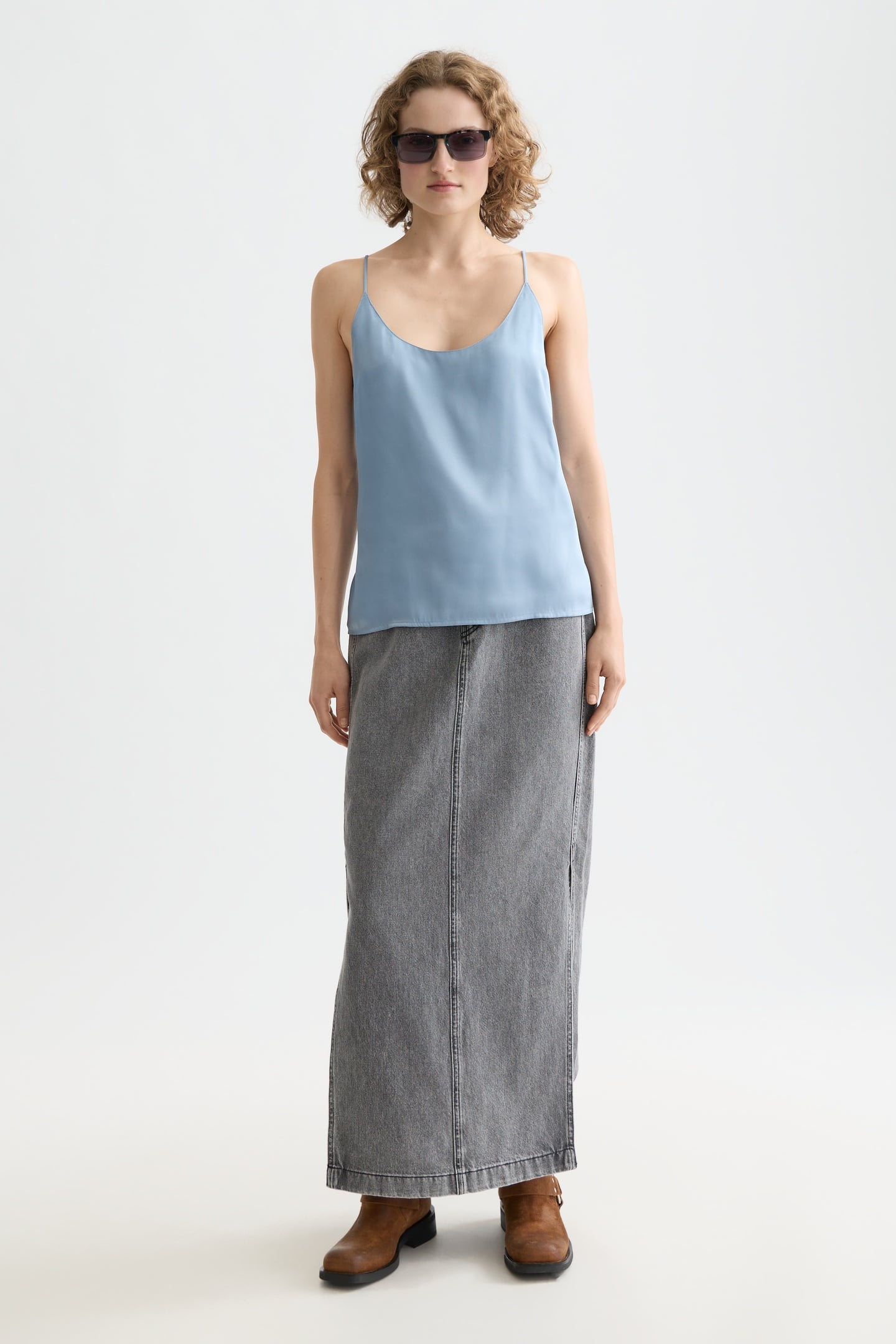 SINGLET WOVEN FRONT JERSEY BACK TANK FADED DENIM 2