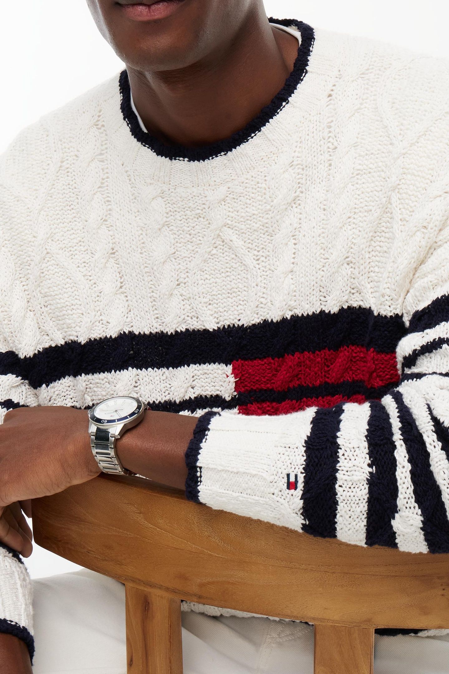 BRETON FLAG CABLE SWEATER IVORY/DESERT SKY/RED 5