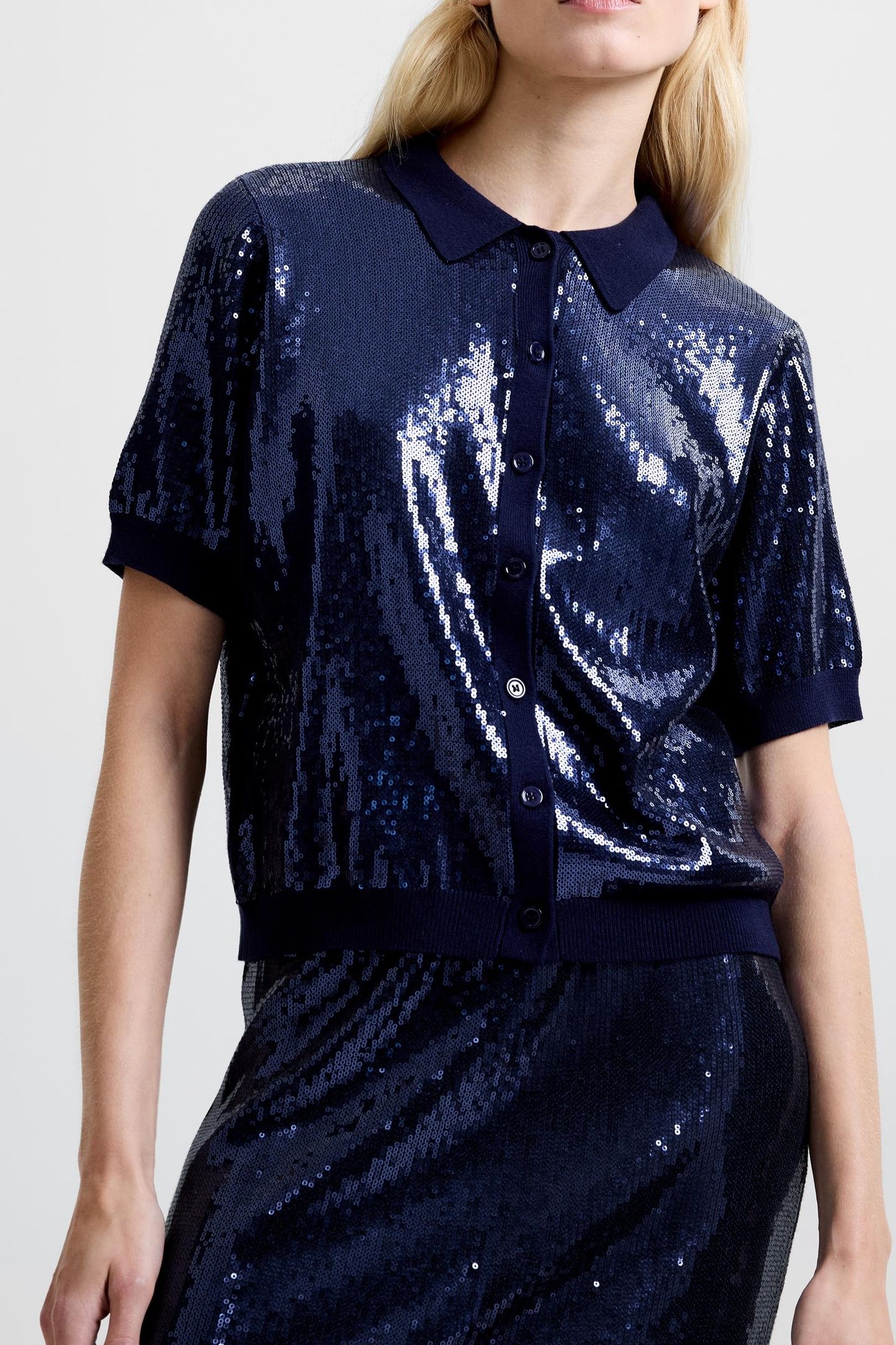 HANNAH SEQUIN SS BUTTON THROUG NAVY 1